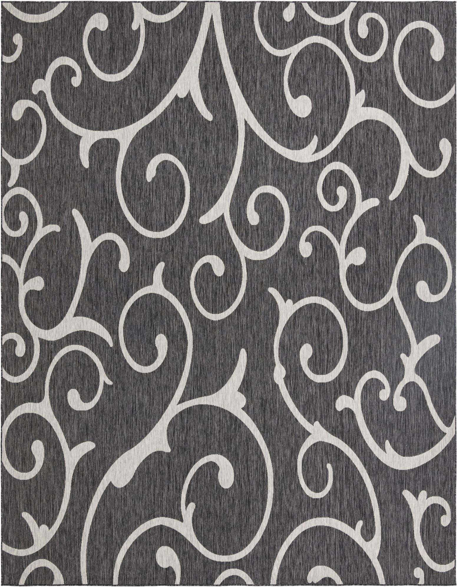 A 13' square black and gray indoor/outdoor rug with a modern botanical scroll pattern, perfect for a patio.