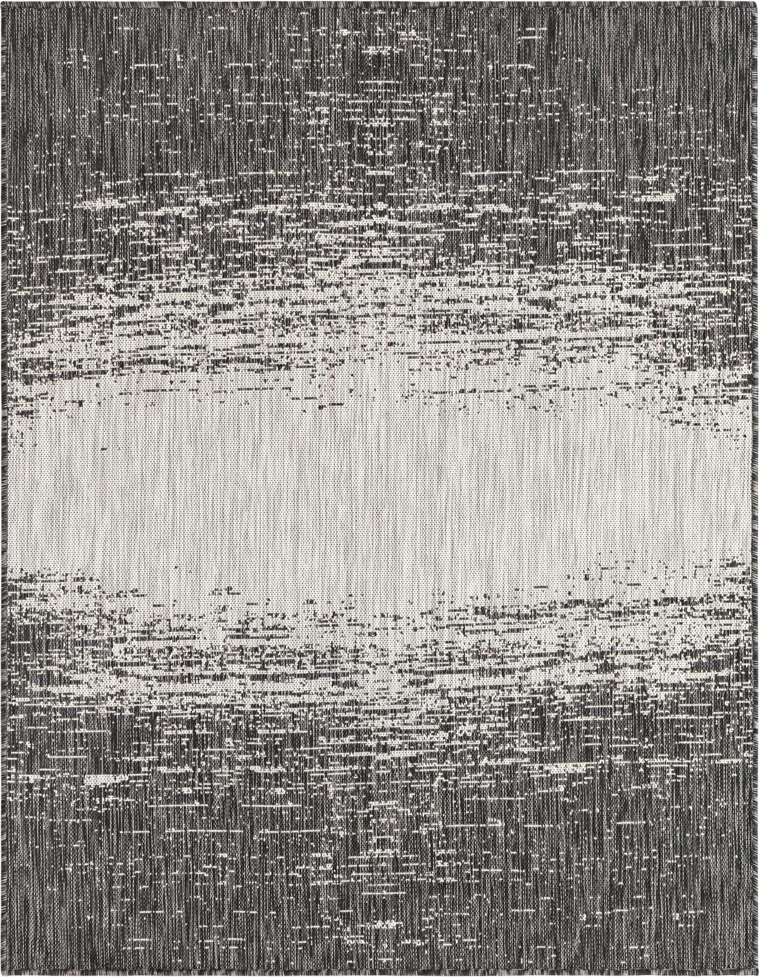 A 5'3" x 5'3" square black and gray flatweave rug with a modern, distressed stripe pattern, suitable for indoor or outdoor use.