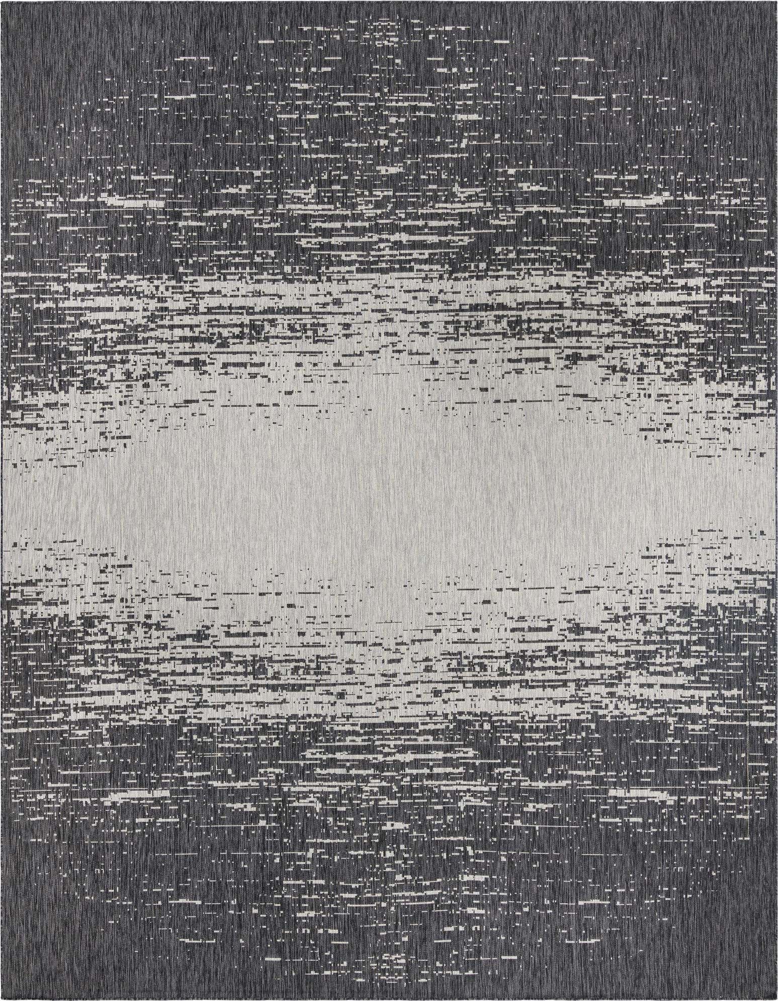 A 13' square modern black and gray indoor/outdoor rug with a distressed, horizontal stripe pattern, ideal for a patio.