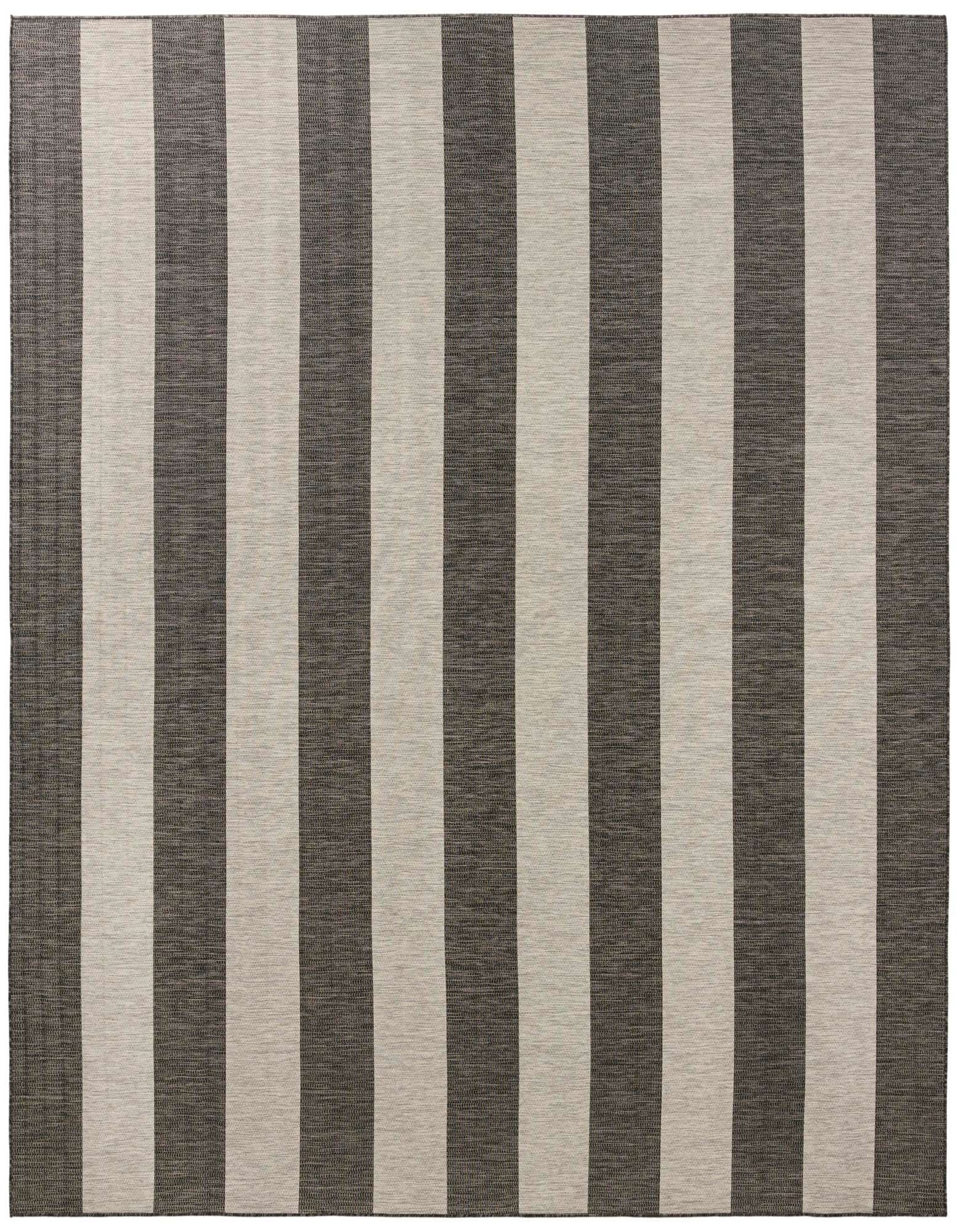 A large 13' square Rugs.com Outdoor Ribbon rug featuring wide black and light gray vertical stripes, suitable for a patio.