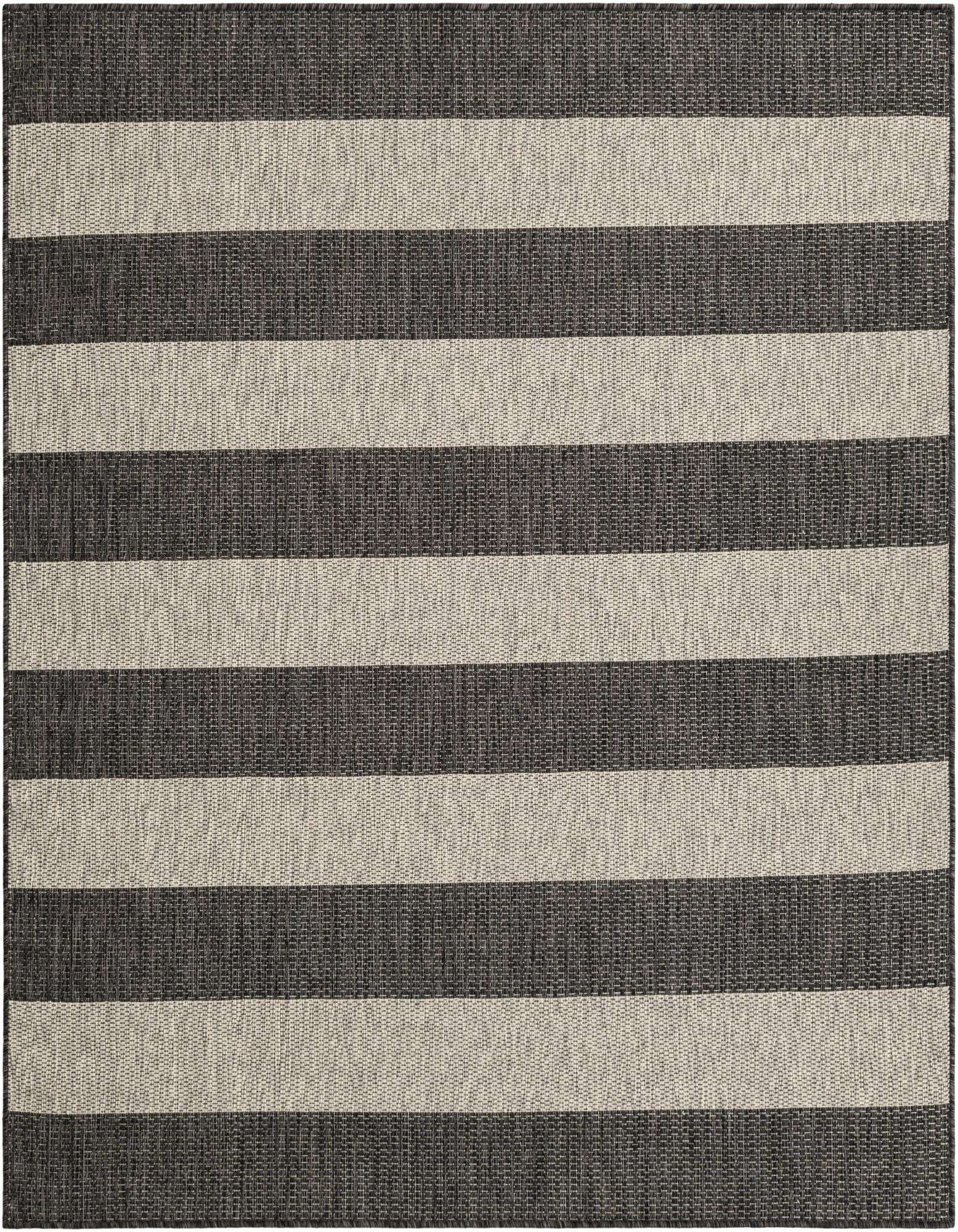 A 6'x6' square black and gray striped flatweave rug, ideal for a modern or coastal patio.