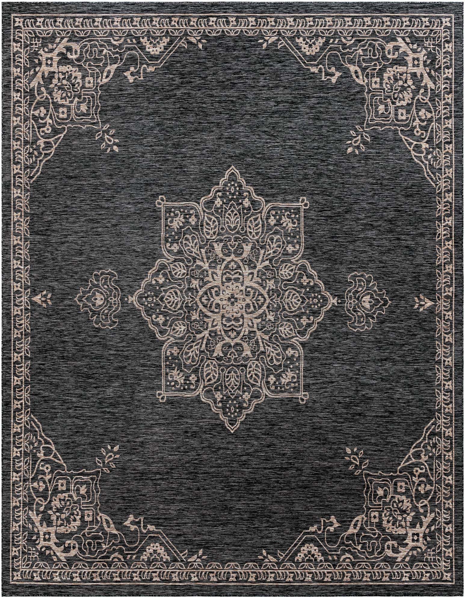 A 13x13 square black and gray traditional medallion rug with an ornate border, suitable for indoor or outdoor use.