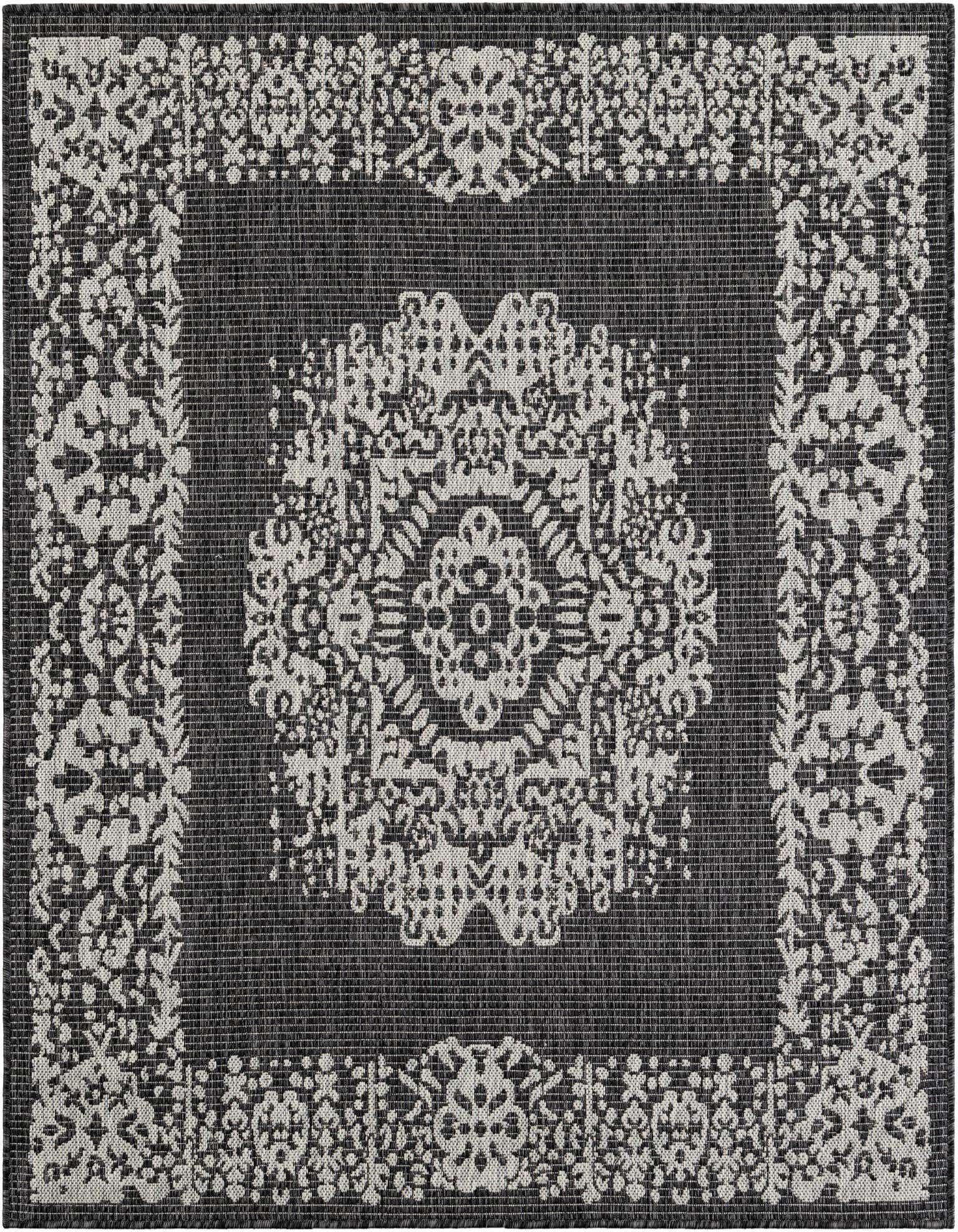A 5'3" x 5'3" square black and gray outdoor rug with a central medallion and ornate traditional border.