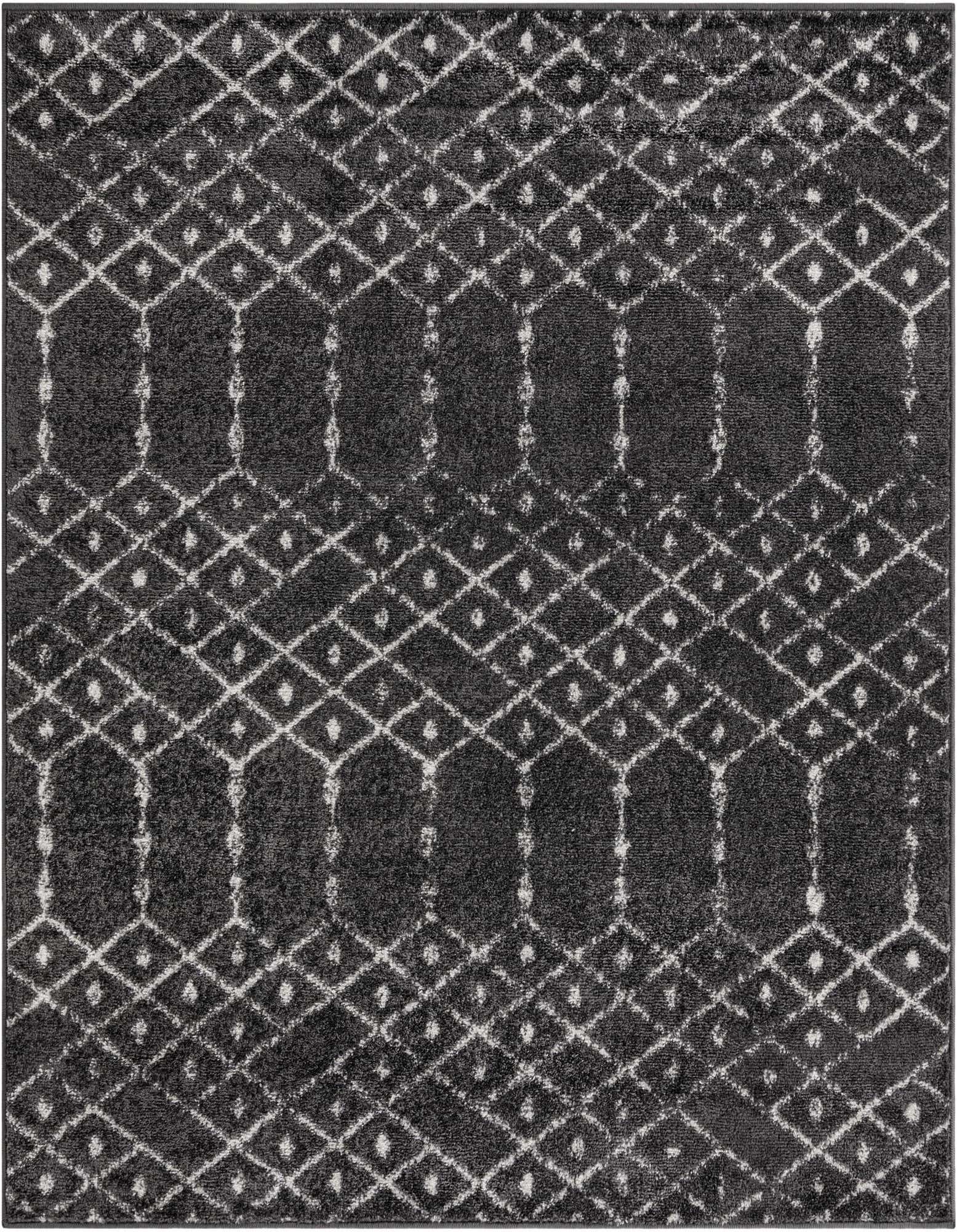 A 5' 3 x 5' 3 square Paxon Trellis rug featuring a modern tribal trellis pattern in black and gray.