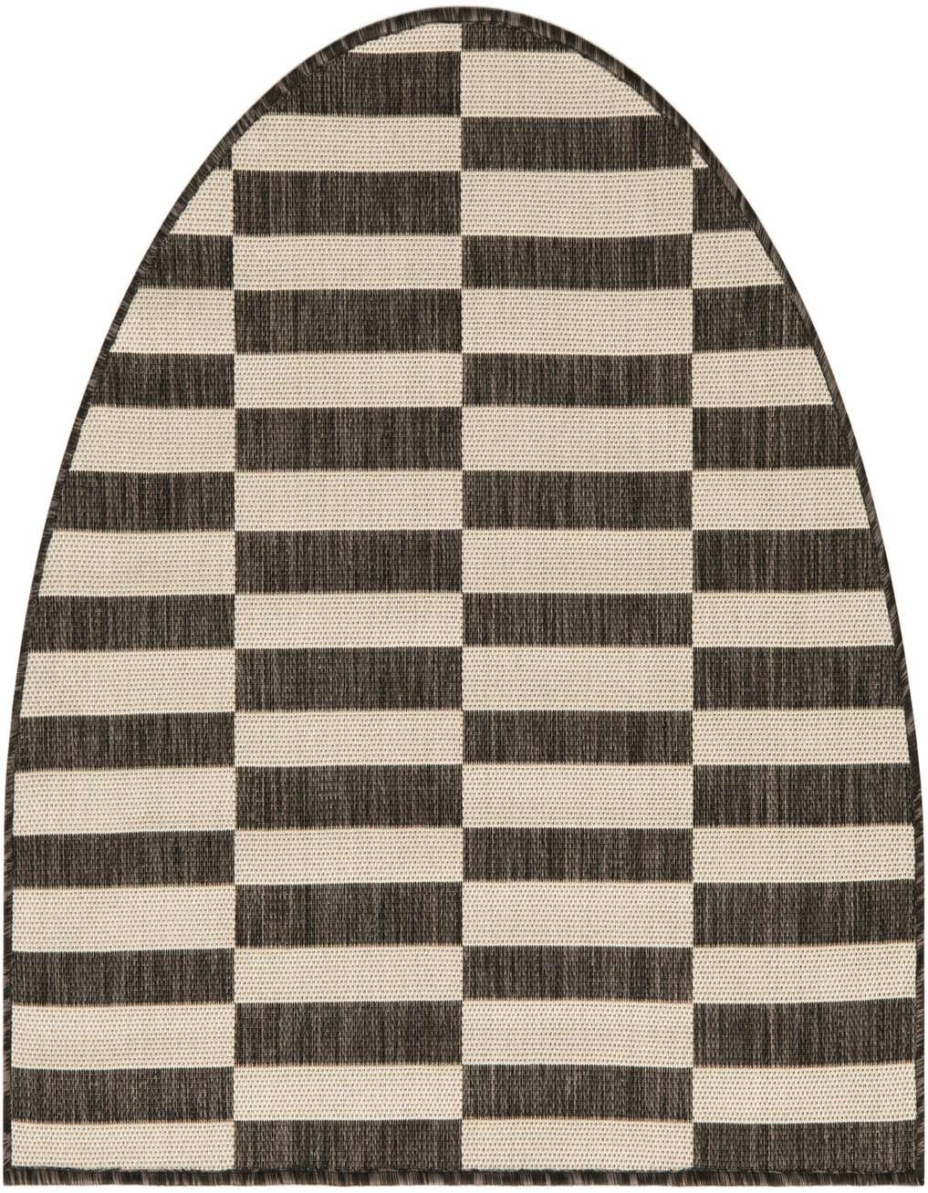A 2' 7 x 4' 0 hearth-shaped rug featuring a modern black and cream stripe pattern, suitable for indoor or outdoor use.