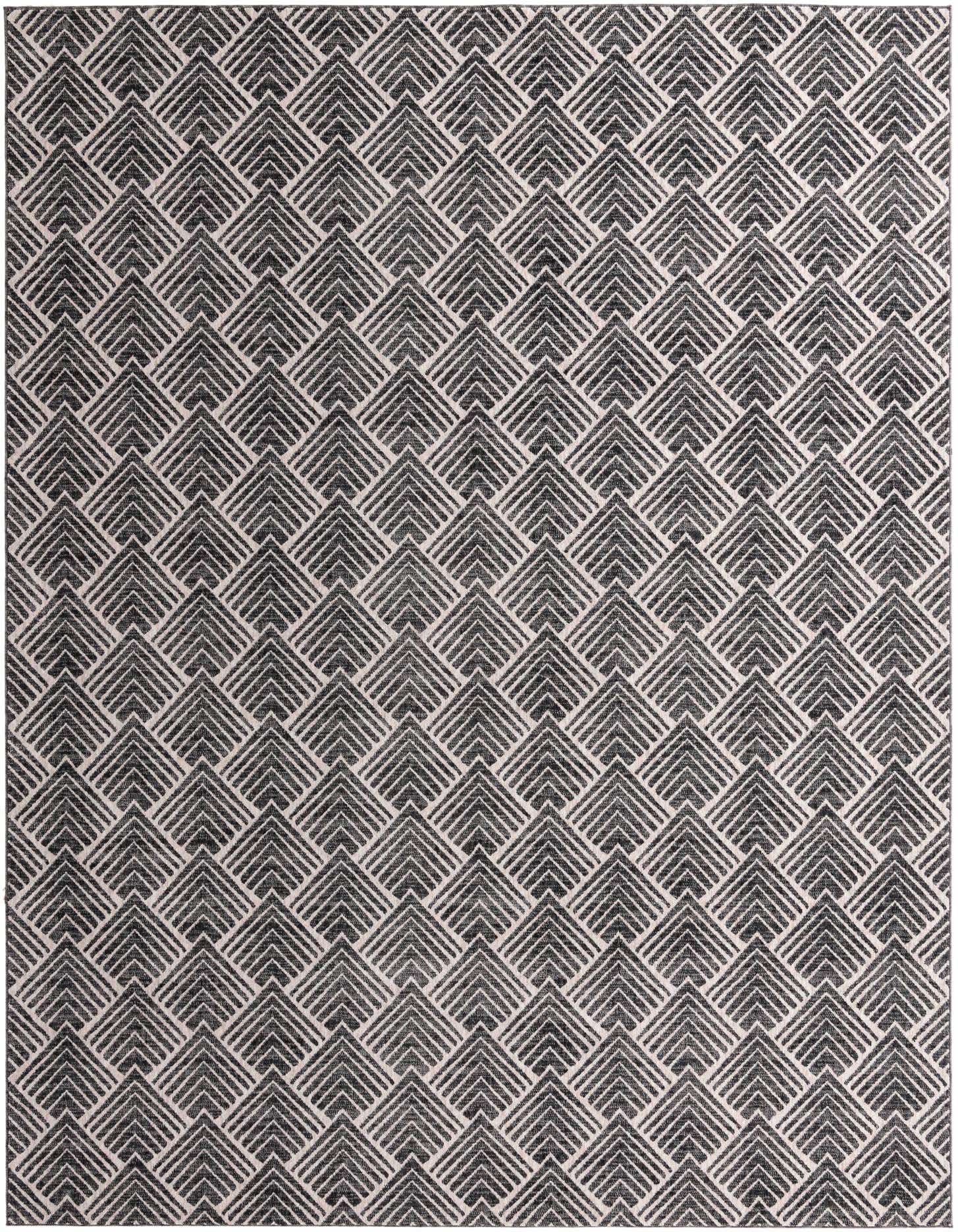 A 10x13 rectangular Eco Trellis rug in charcoal and ivory, featuring a repeating modern geometric pattern.