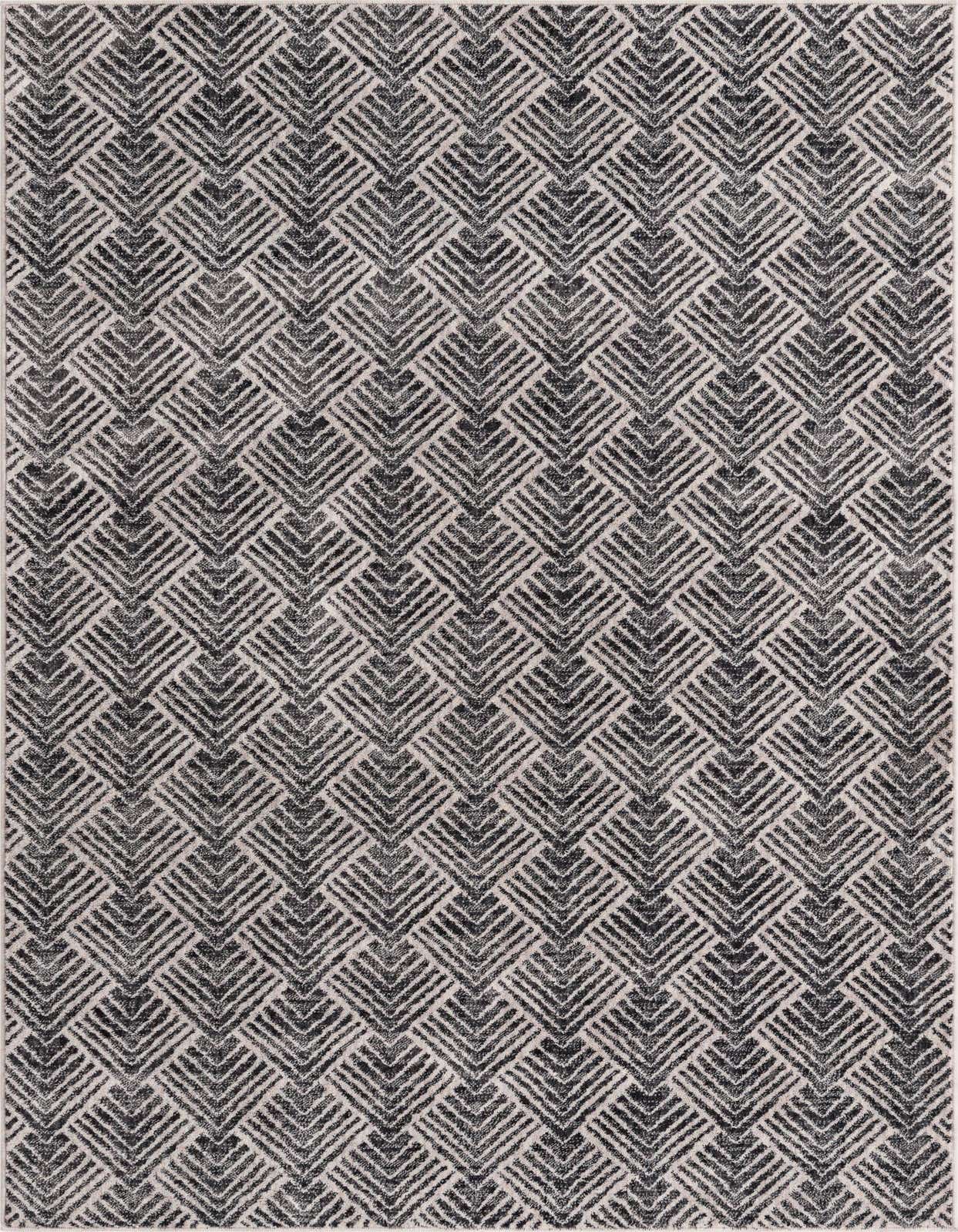 A 5x8 rectangular Eco Trellis rug featuring a modern charcoal and ivory geometric trellis pattern.