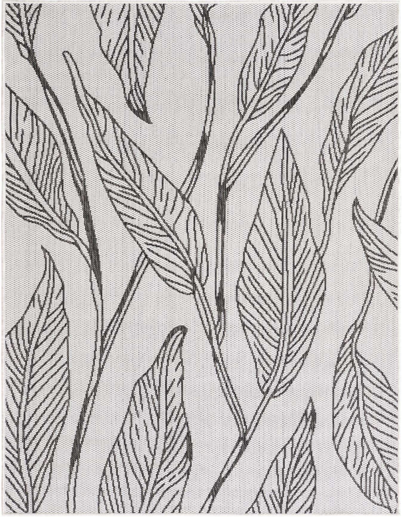 A 4x6 rectangular Rugs.com Outdoor Botanical rug with a charcoal tropical leaf pattern on an ivory background, suitable for indoor/outdoor use.