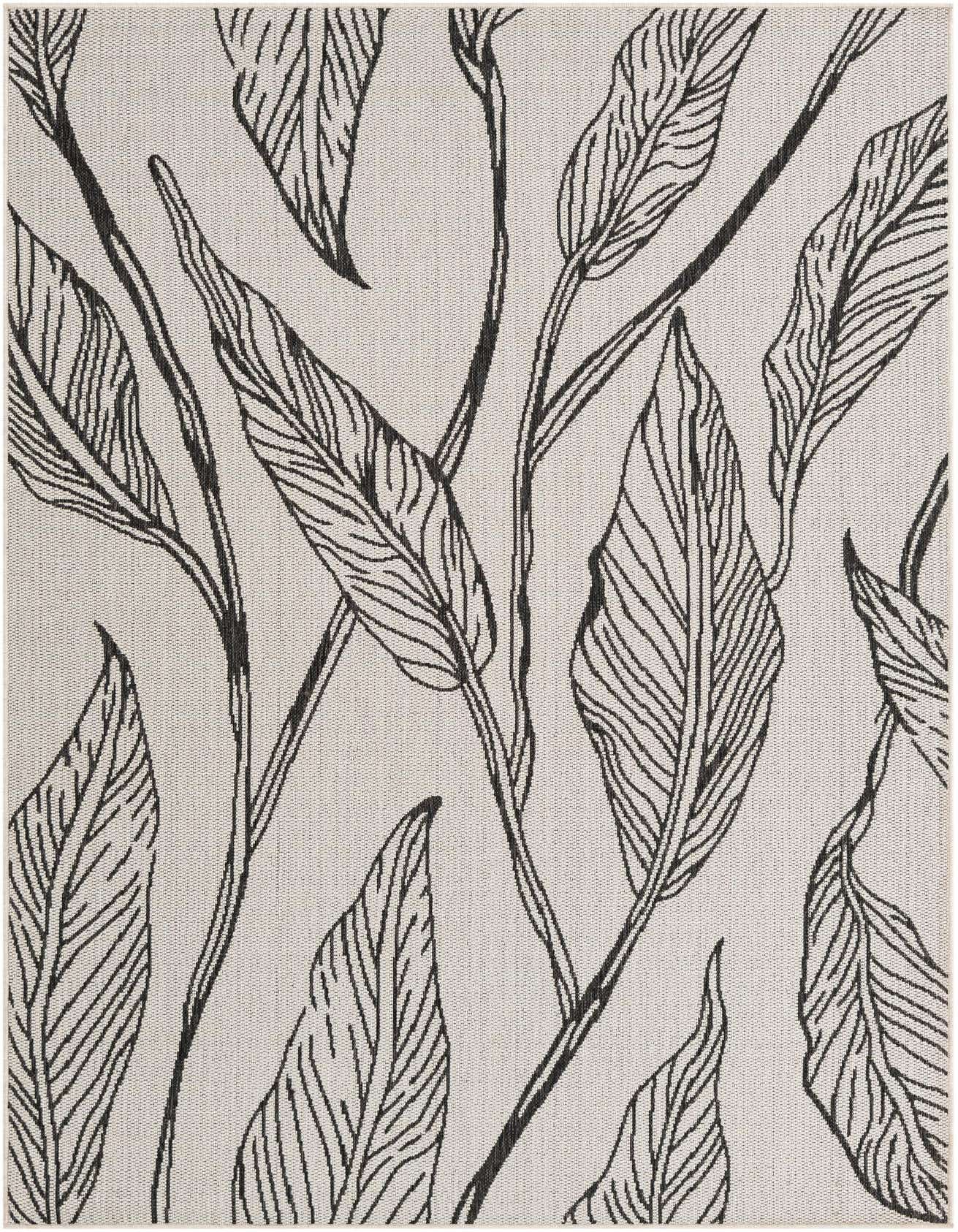A 5x8 rectangular charcoal and ivory rug featuring a modern tropical leaf pattern, suitable for indoor or outdoor use.