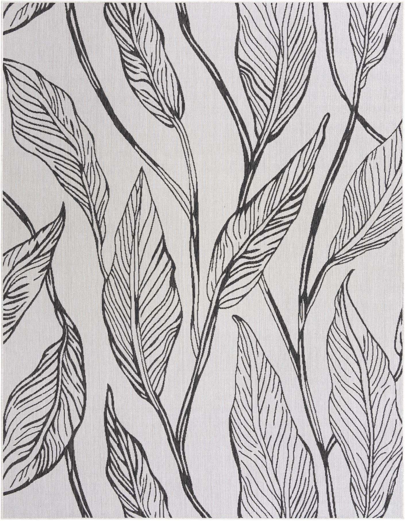 An 8x11 rectangular charcoal and ivory flatweave rug with a modern tropical leaf pattern, suitable for indoor or outdoor use.