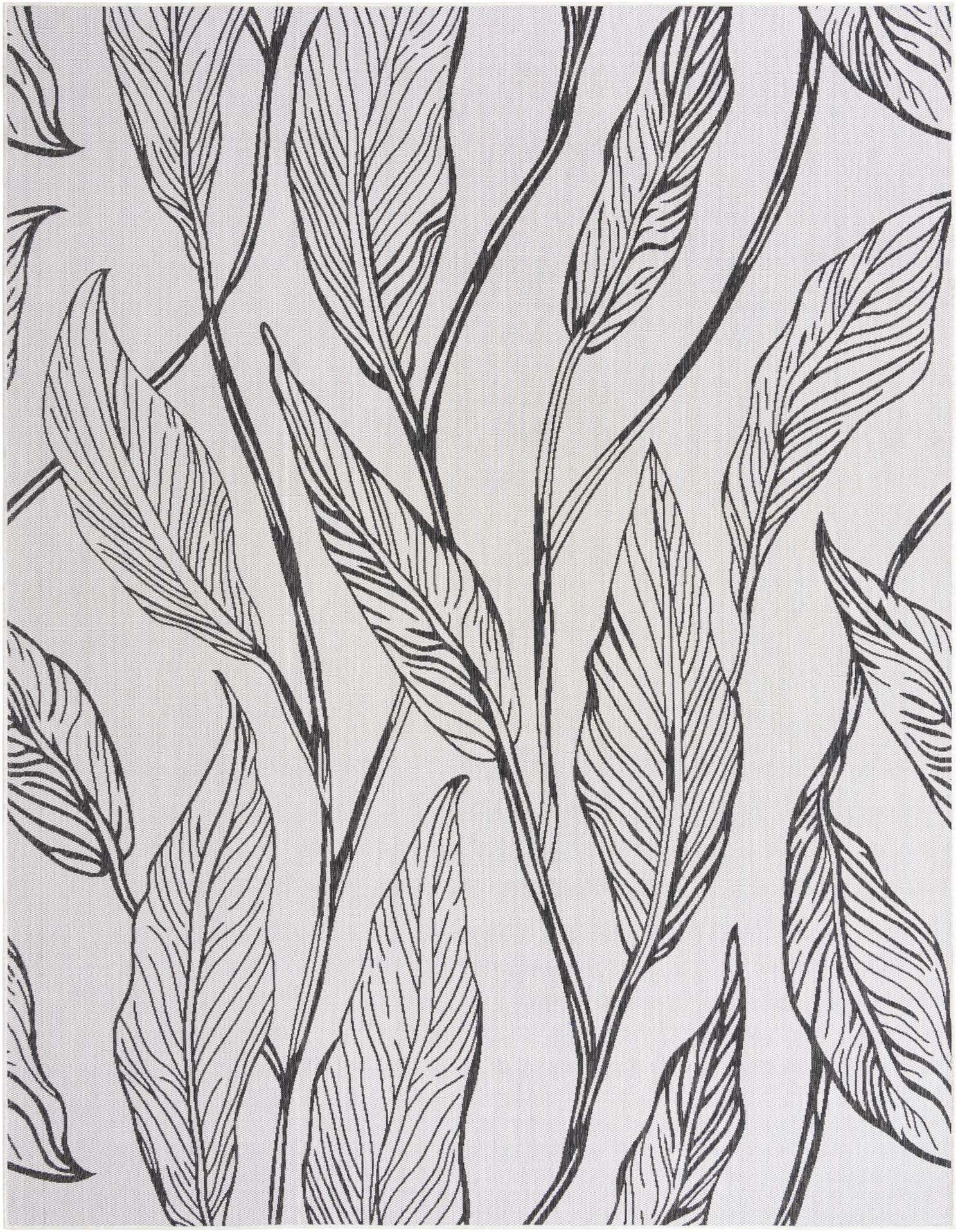 A 9x12 rectangular Rugs.com Outdoor Botanical rug featuring a charcoal tropical leaf pattern on an ivory background.