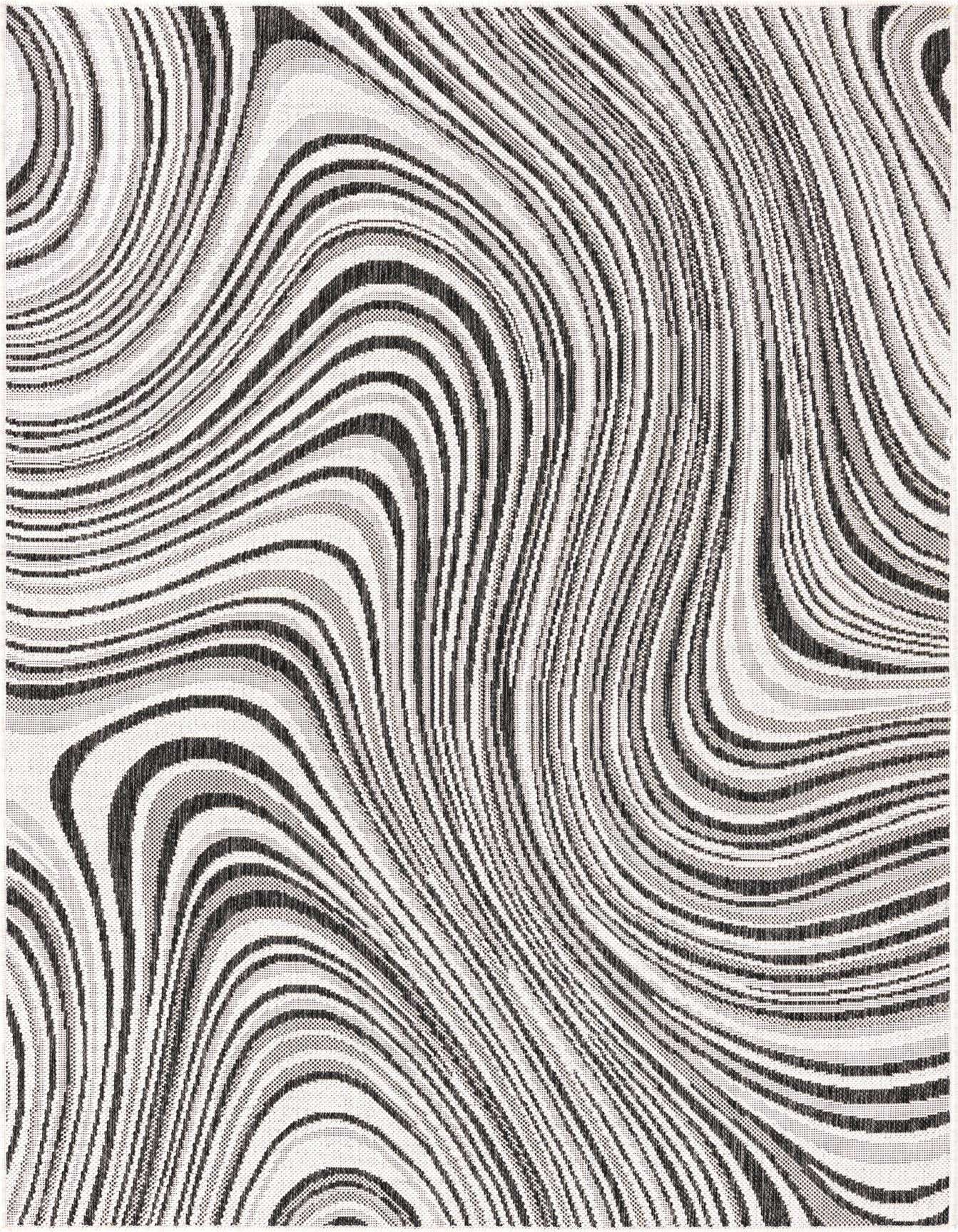 A 4x6 rectangular Rugs.com Outdoor Modern rug featuring a charcoal and ivory wavy, striped pattern, ideal for indoor or outdoor spaces.