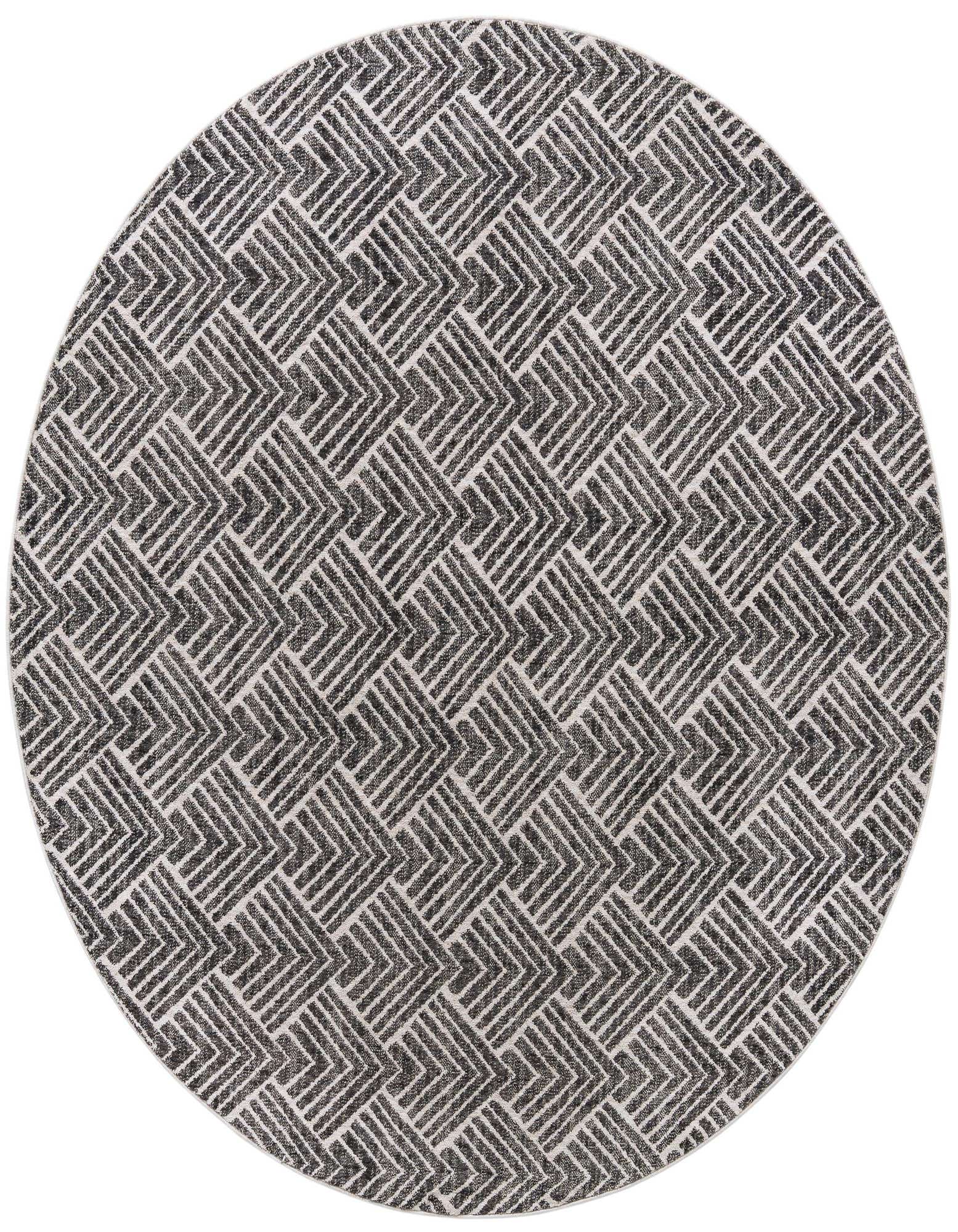 A round charcoal and ivory modern trellis rug made from recycled polyester, featuring a geometric pattern.