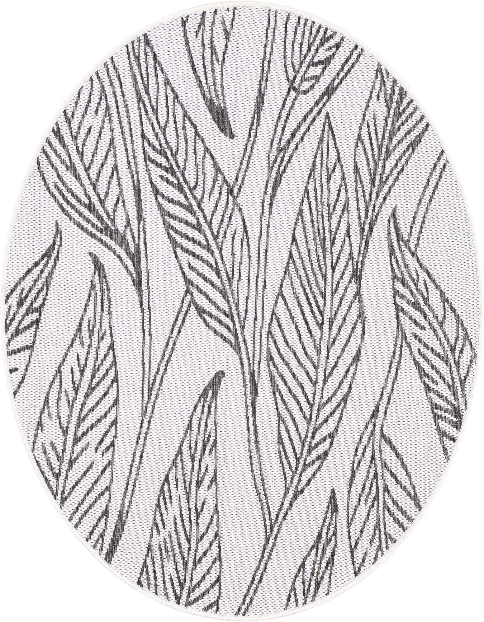 A round 4' charcoal and ivory rug featuring a modern botanical leaf pattern, suitable for indoor or outdoor use.