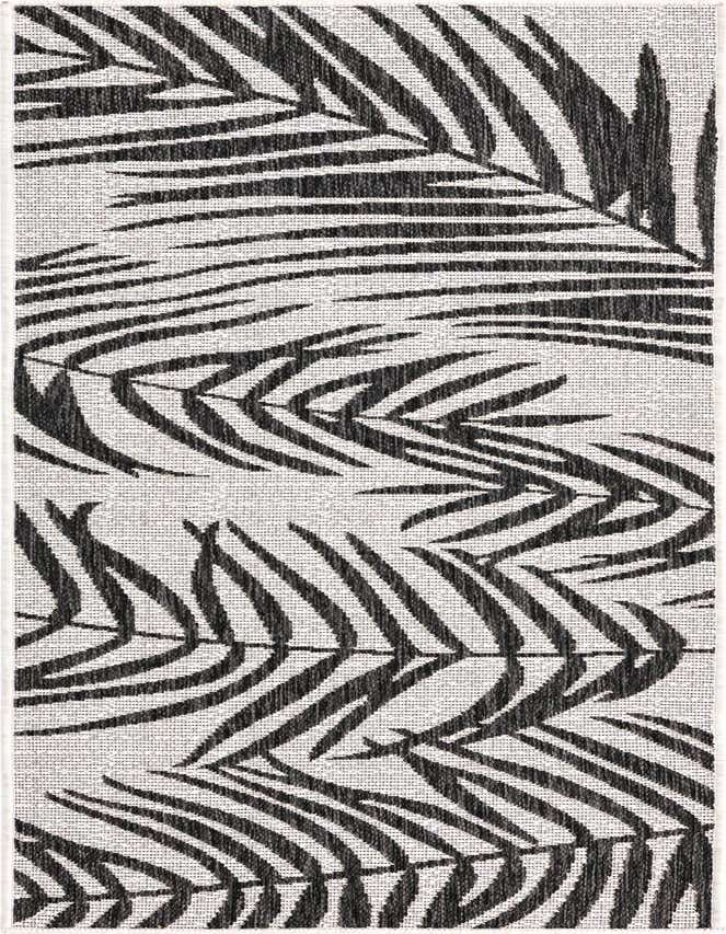 A charcoal and ivory runner rug with a modern tropical botanical palm leaf pattern, suitable for a hallway or patio.