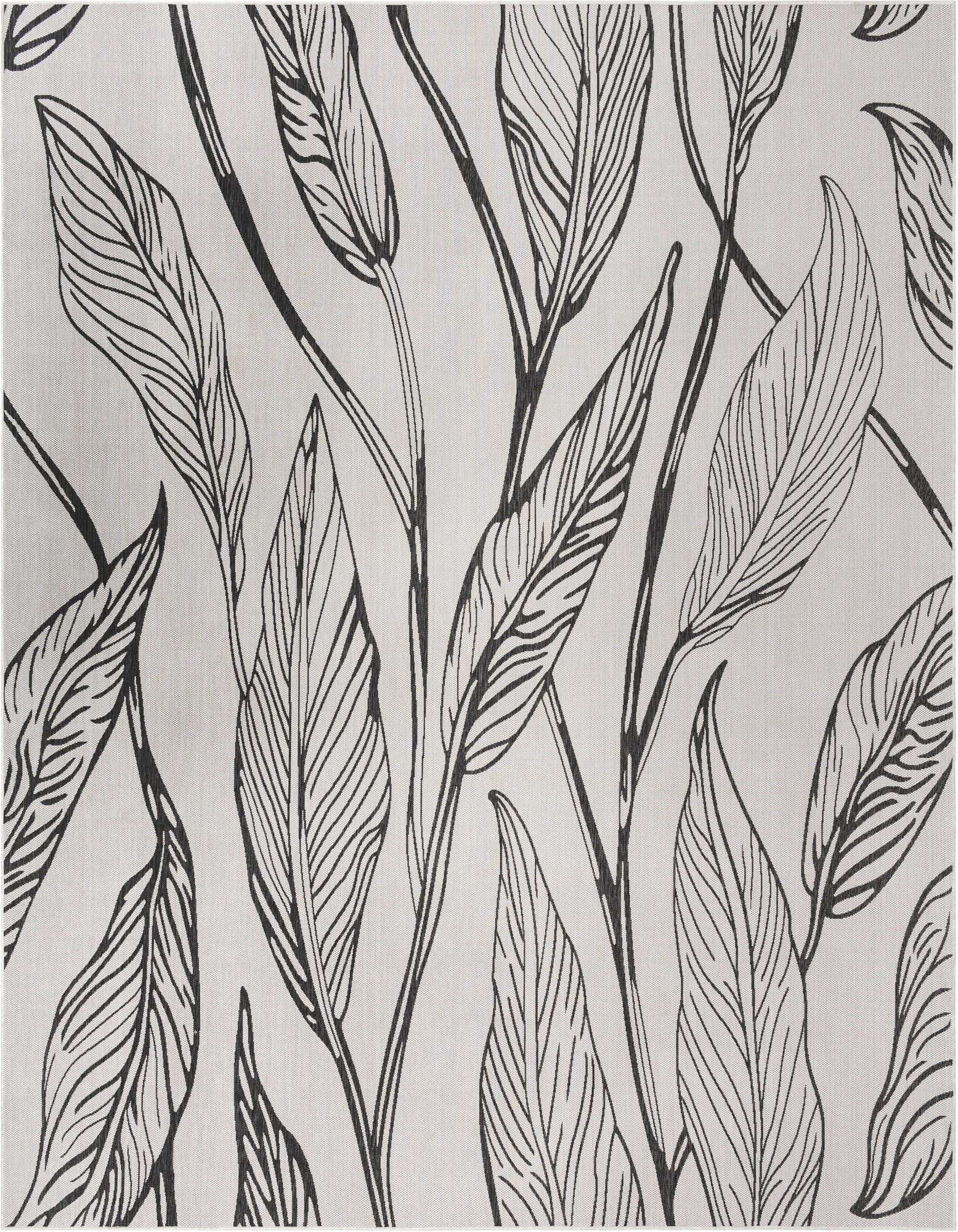 A square 10' 8 x 10' 8 outdoor rug featuring a modern charcoal botanical leaf pattern on an ivory background.