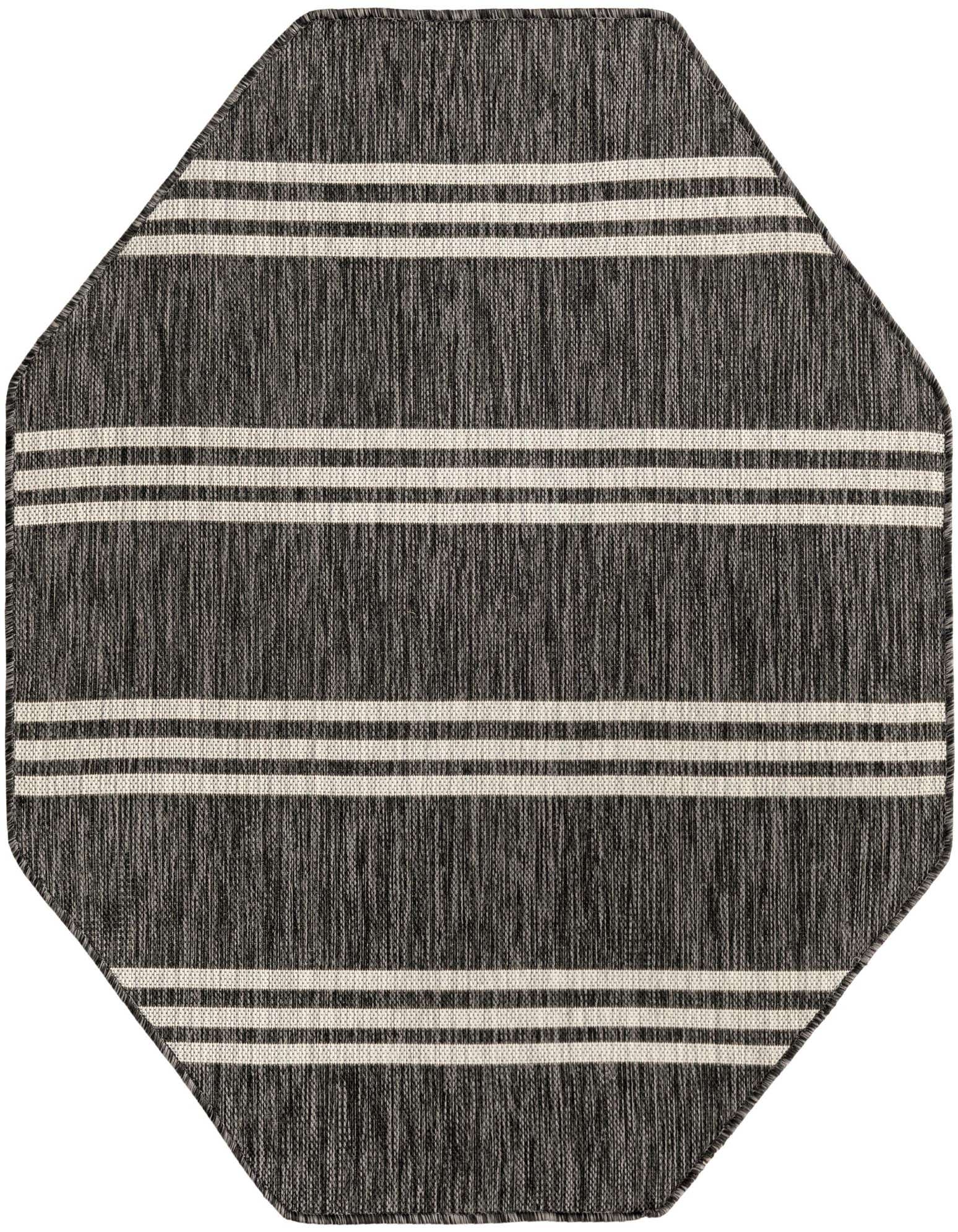 Octagon black and gray striped outdoor rug with white horizontal bands, ideal for a patio or deck.