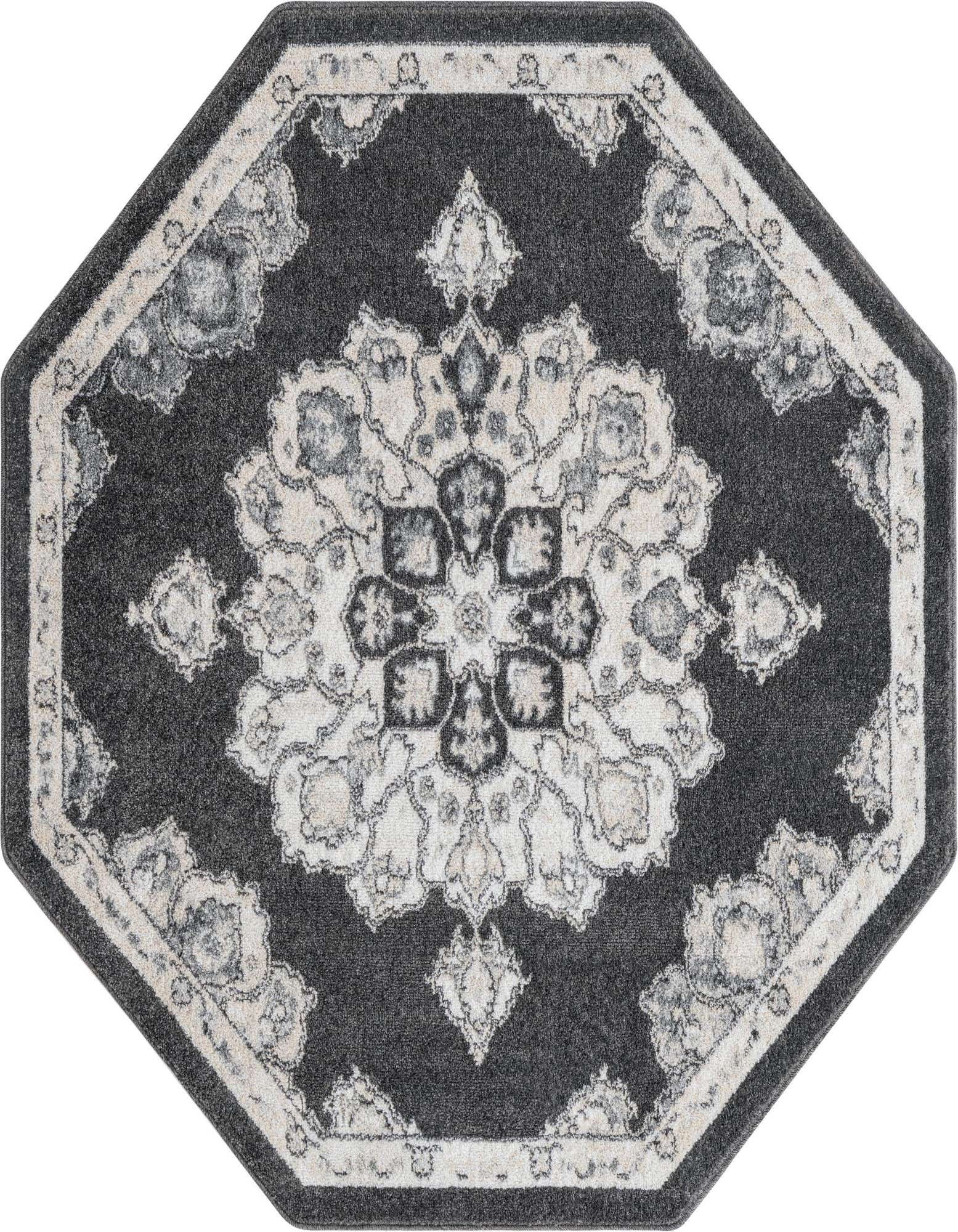 An octagon-shaped black and gray traditional medallion rug with a vintage pattern, suitable for an indoor living space.