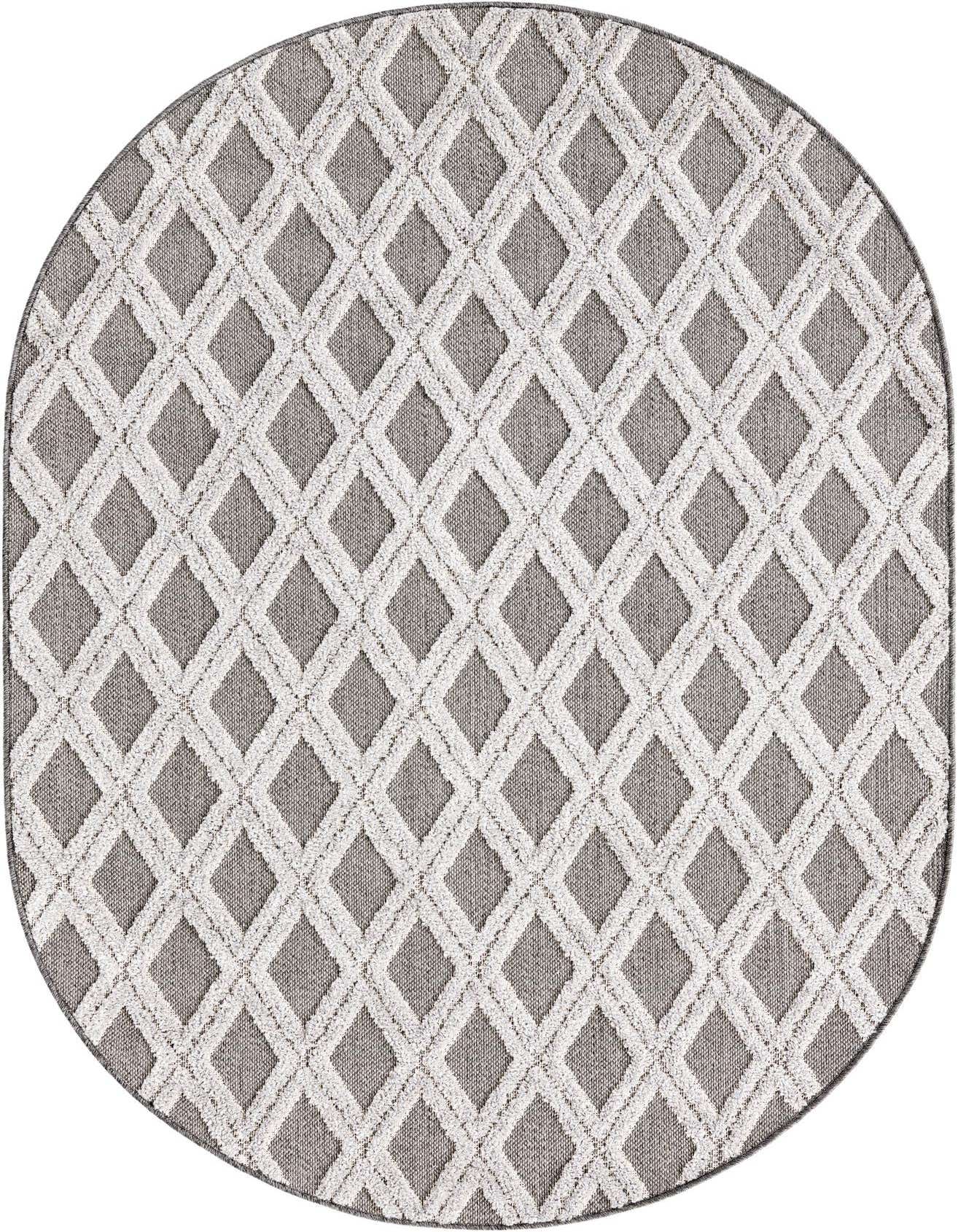 A 4' 0 x 6' 0 oval Arlo rug with a modern abstract pattern of textured white diamonds on a flat gray background.