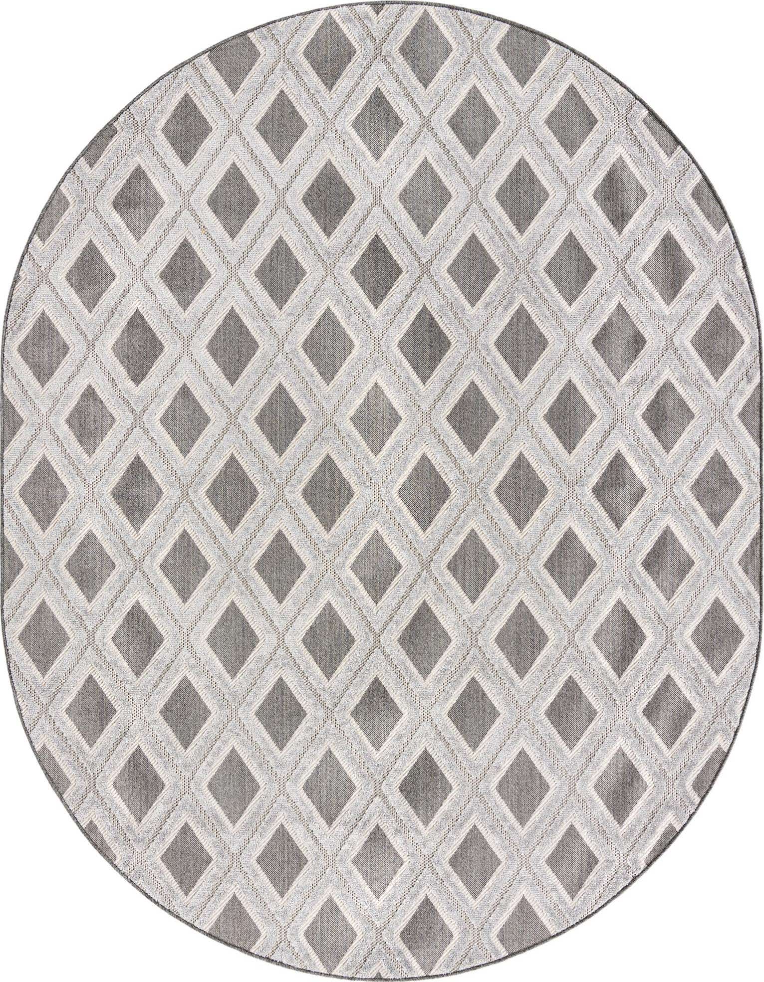 An oval Arlo rug featuring a modern abstract diamond pattern in varying shades of gray and black.