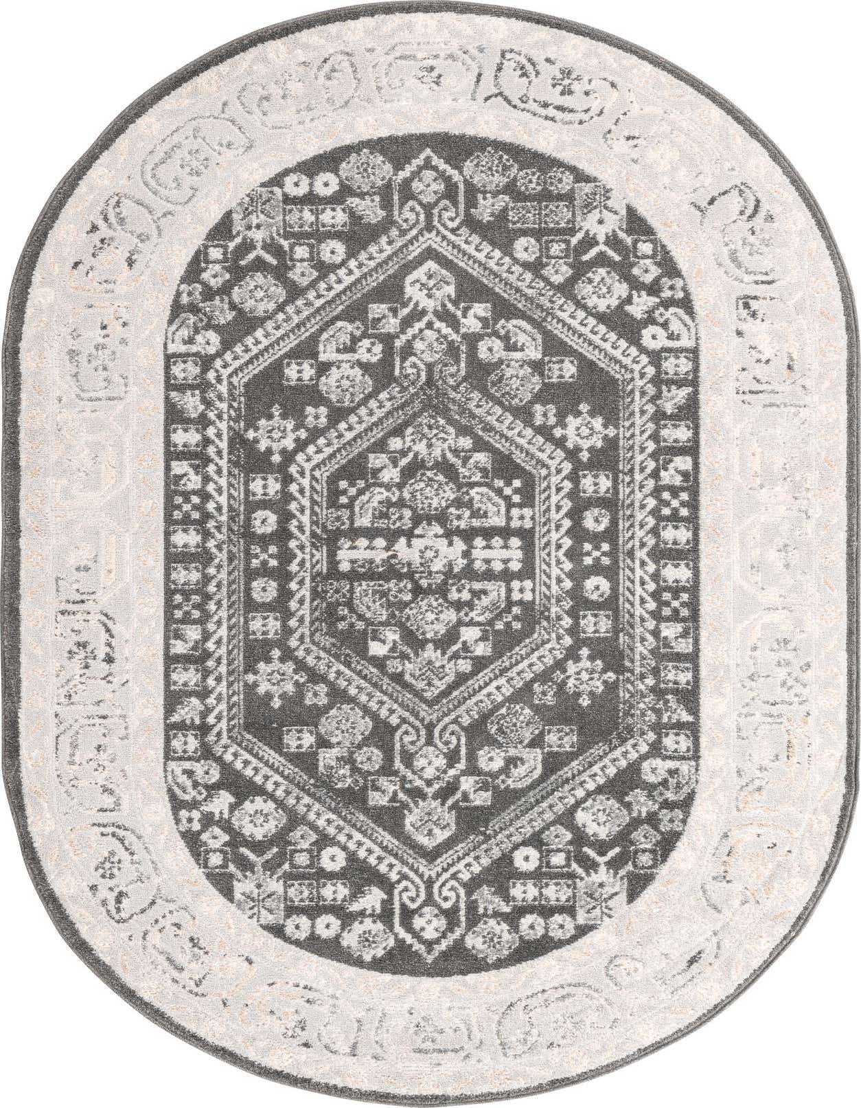 An oval 5' x 8' black and gray traditional medallion rug with a detailed tribal pattern and light border.