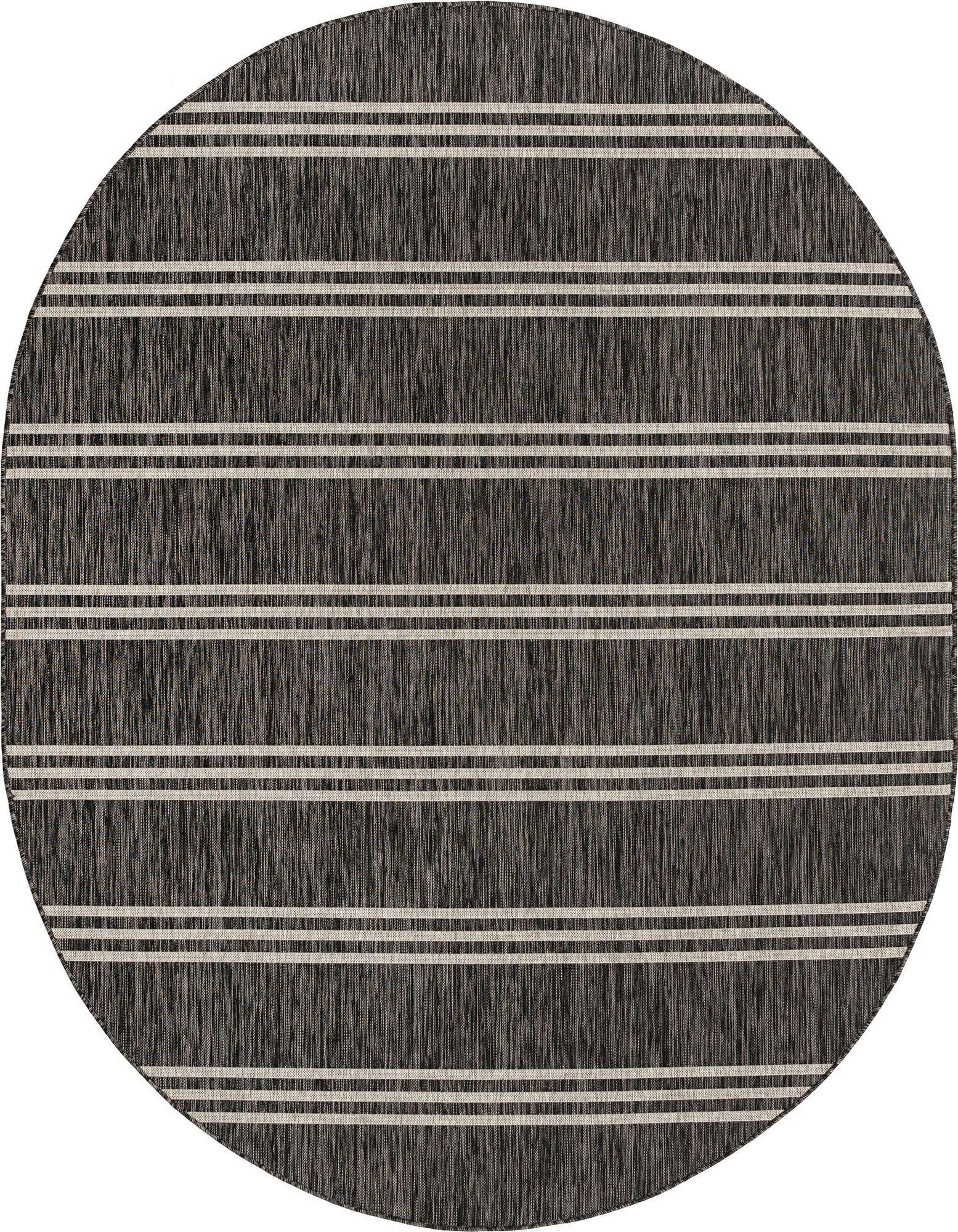 A 7'10" x 10'0" oval black and gray striped indoor/outdoor rug with a textured flatweave.