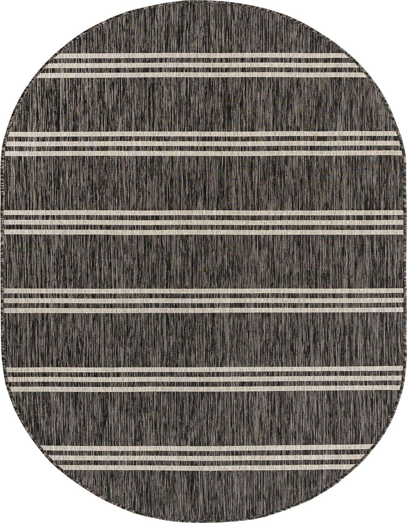 Oval black and gray striped indoor/outdoor rug with a textured flatweave, ideal for a patio.