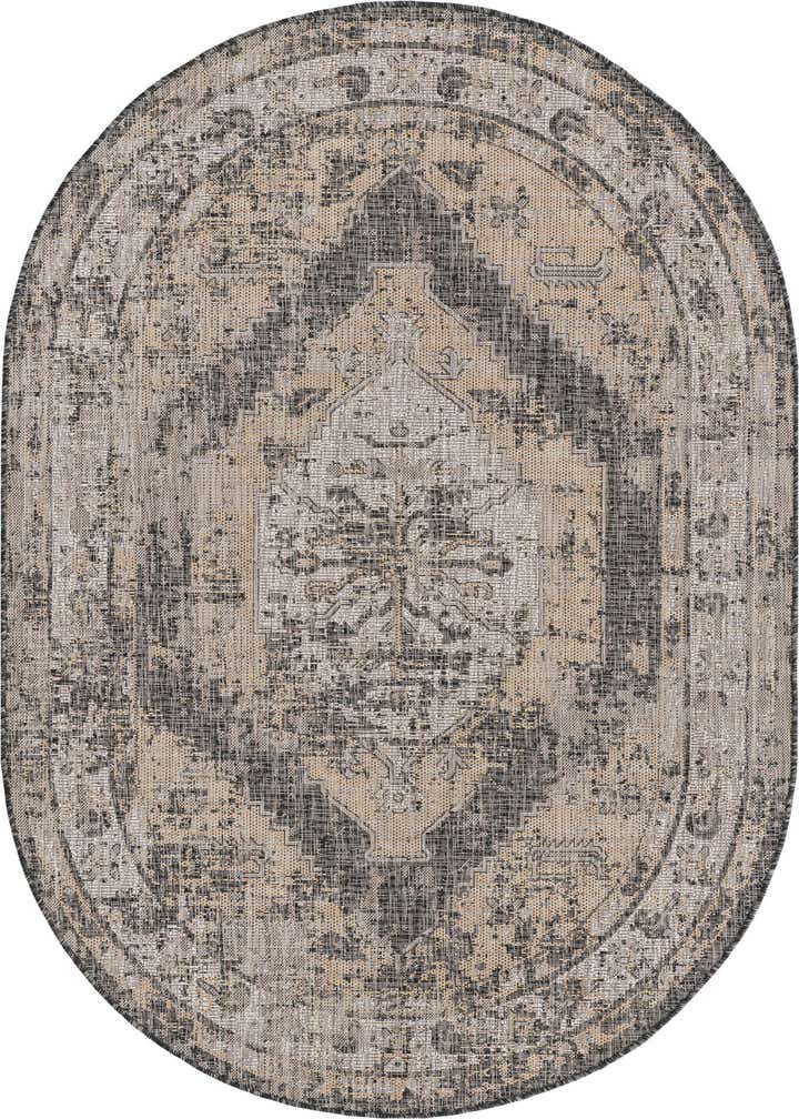 Charcoal 5' 3 x 8' Washable Traditional Indoor / Outdoor Oval Rug ...