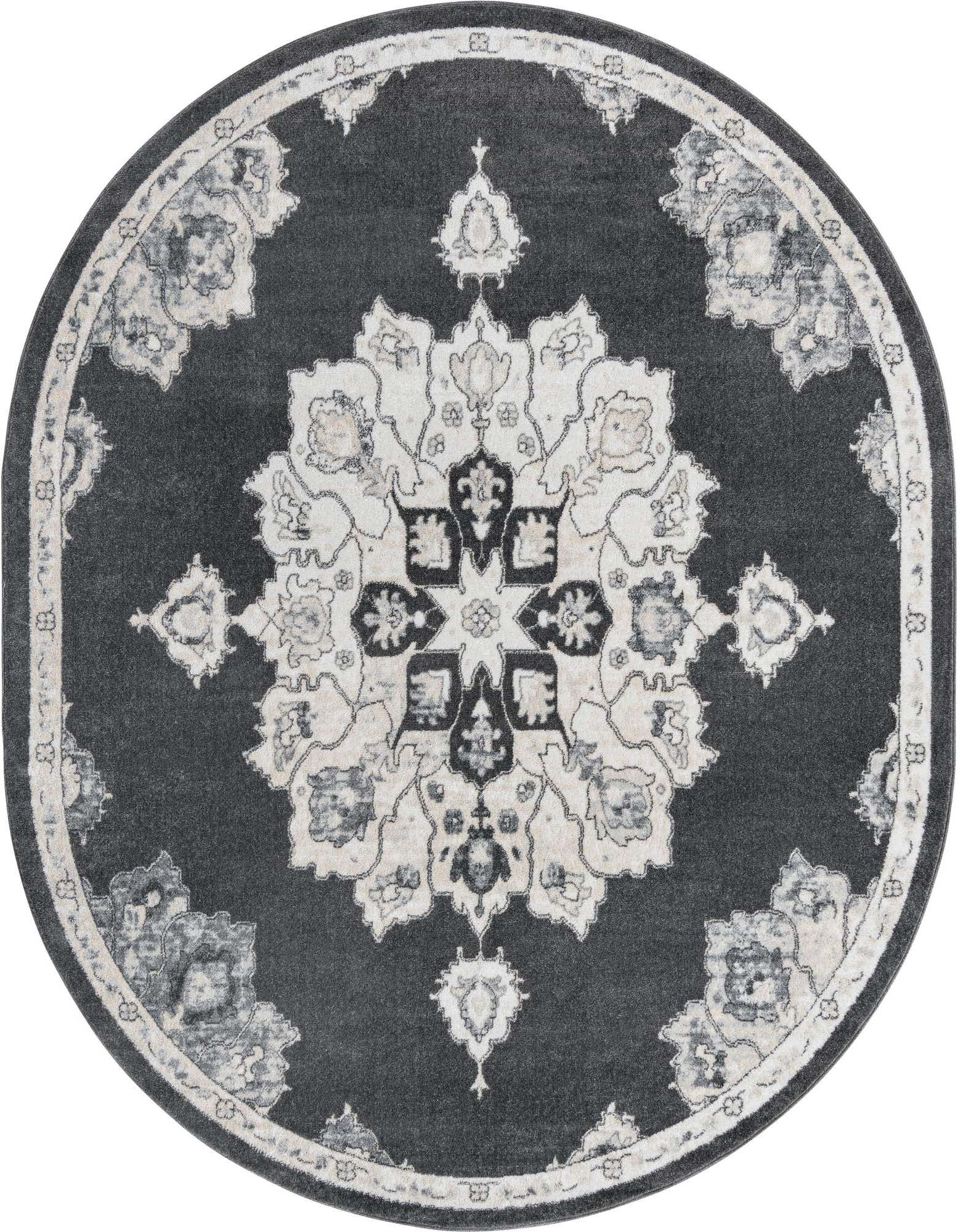 An oval 7'10" x 10'0" black and gray traditional medallion rug with a vintage pattern, suitable for indoor spaces.