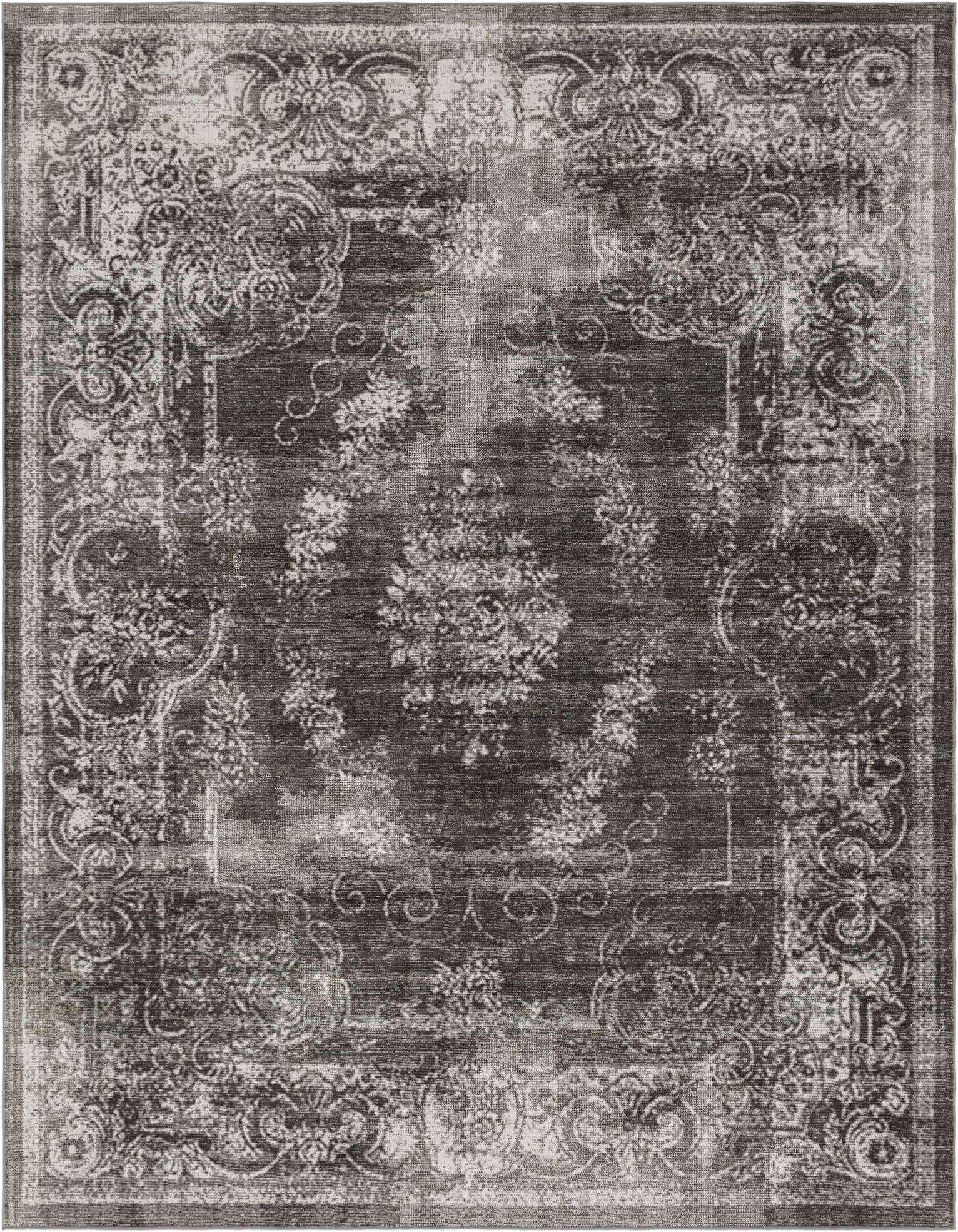 A 10x13 rectangular black and gray vintage medallion rug with a distressed traditional pattern, ideal for a living room.