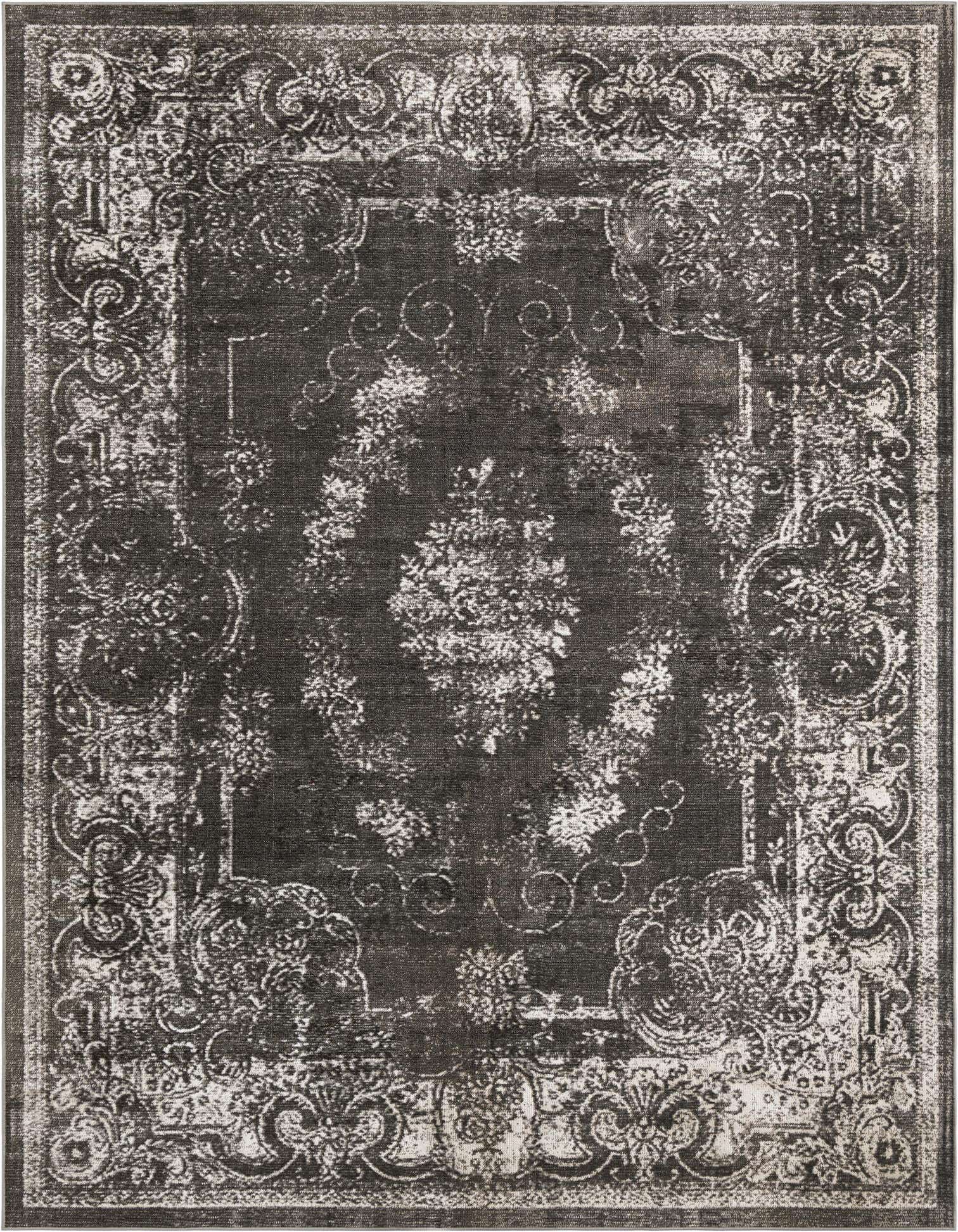 A 9x12 rectangular black and gray indoor rug with a distressed traditional floral and medallion pattern.
