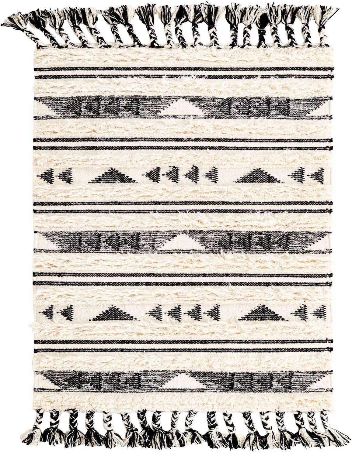 A 3x5 rectangular Rugs.com Arizona rug with a black and cream tribal pattern, featuring textured shag pile and braided tassels.
