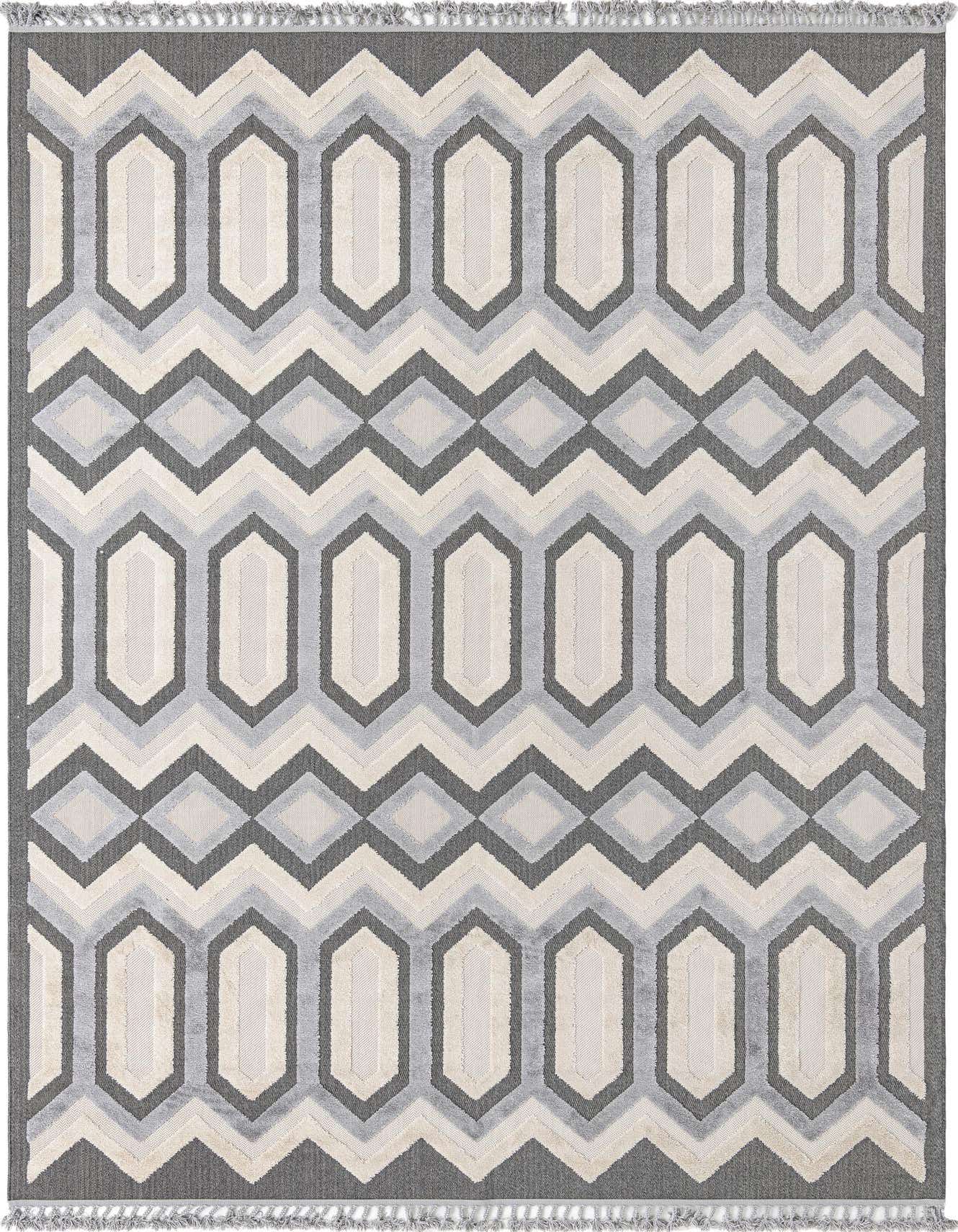 A 10x14 rectangular Rugs.com Arlo area rug featuring a modern tribal pattern in black, gray, and off-white, with a textured high/low pile.
