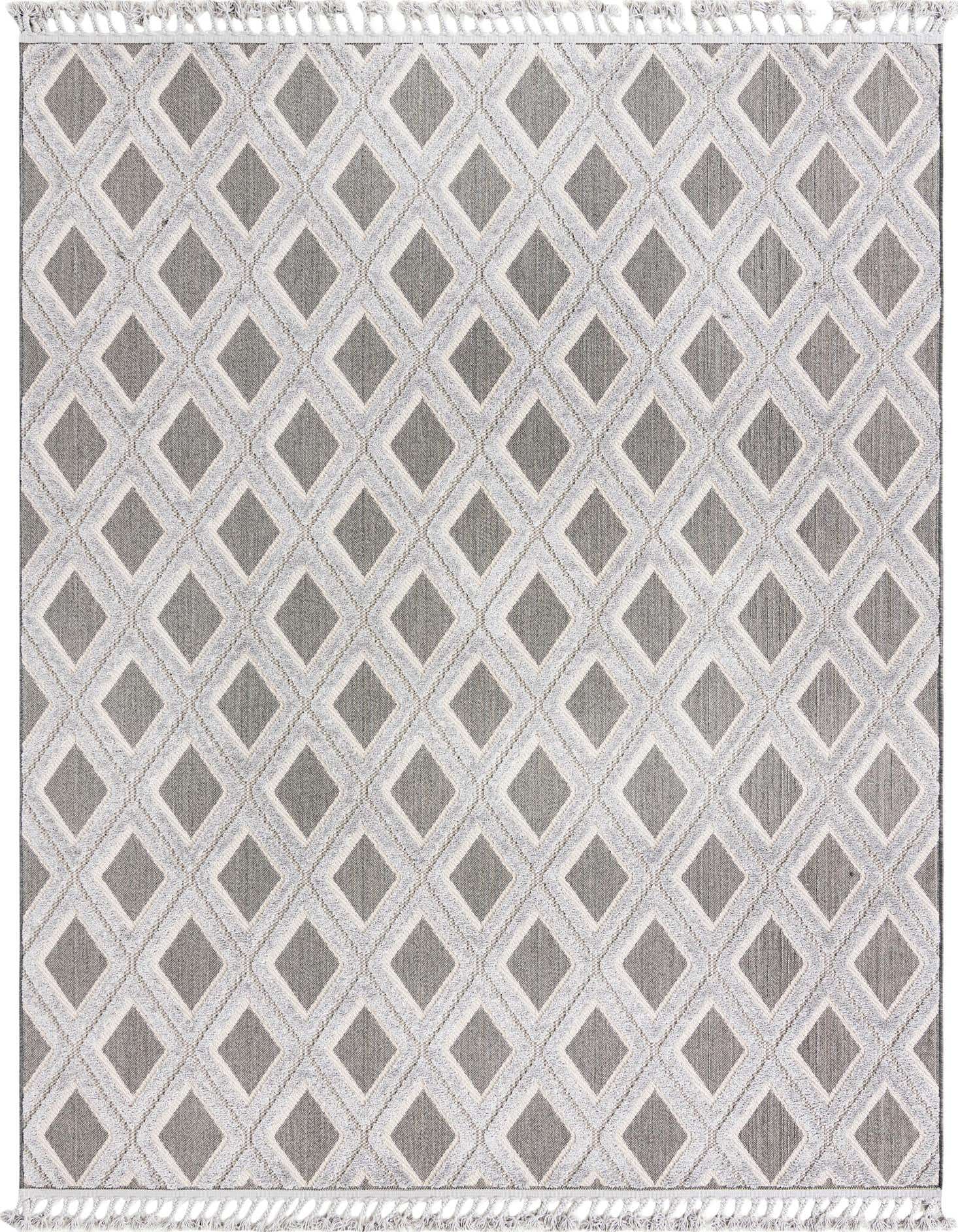A rectangular 8x10 Arlo rug featuring a modern abstract diamond pattern in varying shades of gray and black with a high-low textured pile.