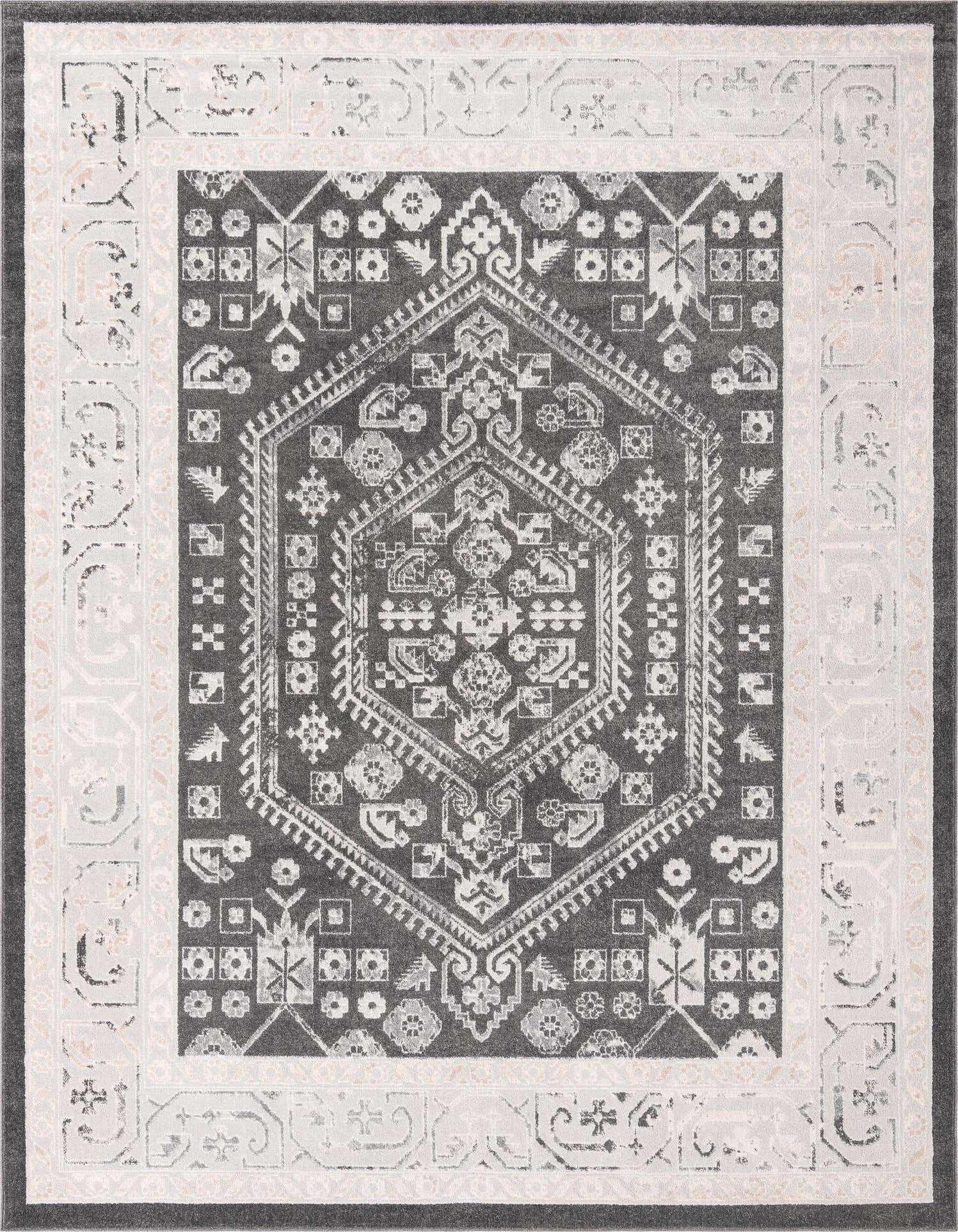 A 9x12 rectangular black and gray traditional tribal rug with a central medallion and distressed border.