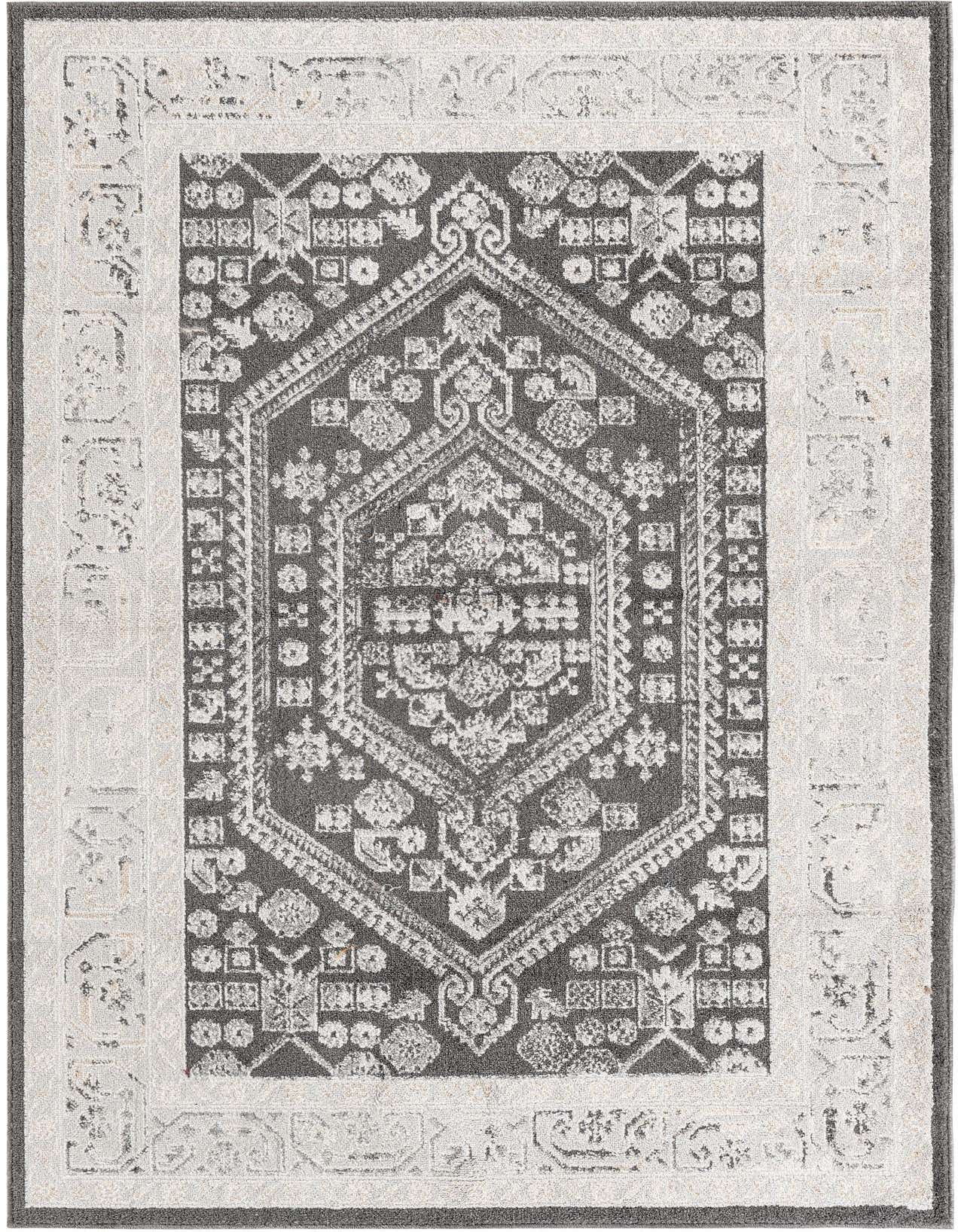 A 5x8 rectangular black and gray traditional medallion rug with a distressed vintage look, ideal for a living room.