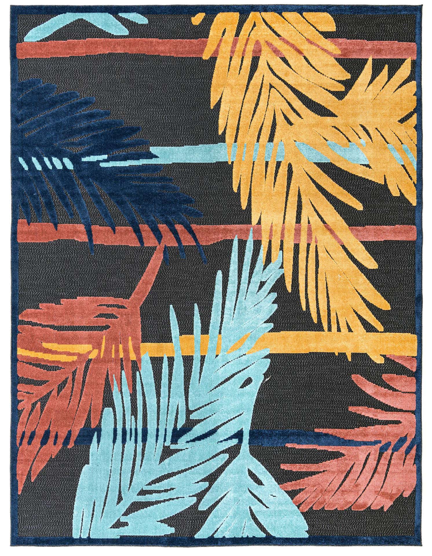 A 9x12 rectangular black indoor/outdoor rug with a modern botanical pattern of large palm leaves in orange, teal, and navy blue, accented with horizontal stripes.