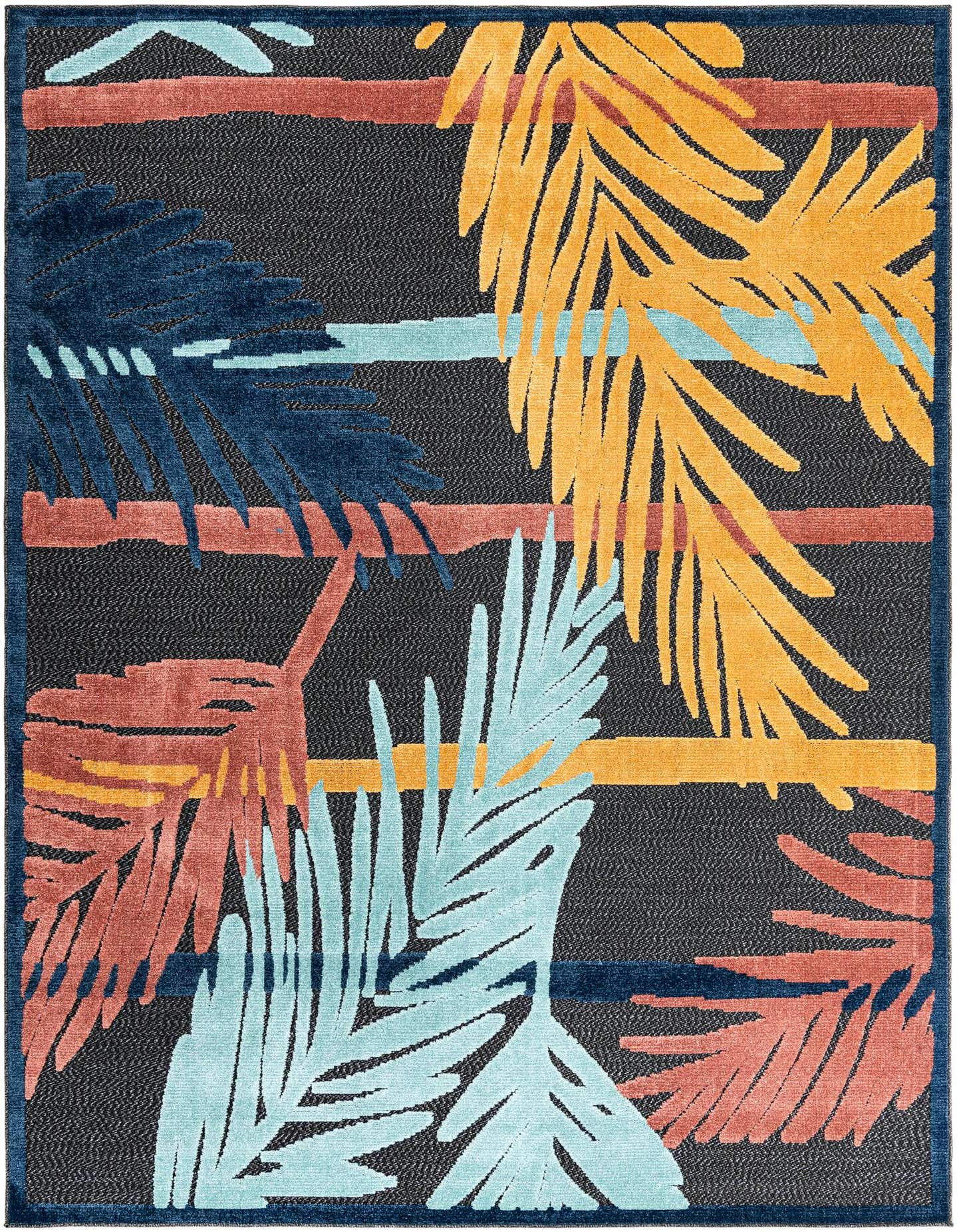 A 7x10 rectangular black indoor/outdoor rug with a modern botanical pattern of large orange, blue, and teal palm leaves and horizontal stripes.