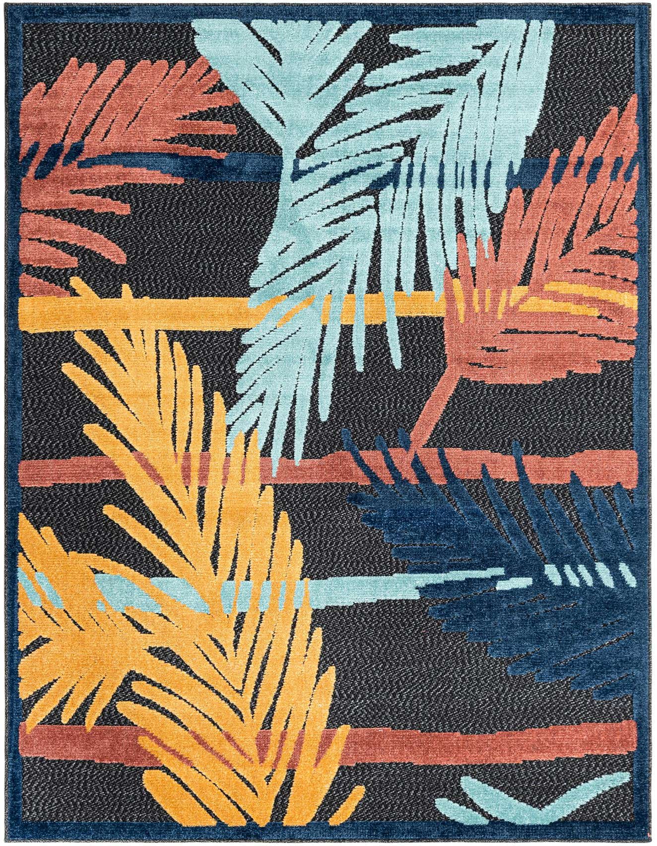 A 5x8 rectangular black indoor/outdoor rug with a modern botanical pattern of large palm leaves in teal, coral, orange, and navy blue.