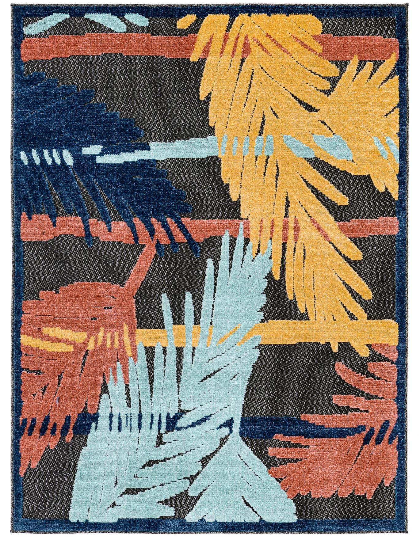 A 4x6 rectangular indoor/outdoor rug with a modern botanical pattern featuring large, abstract palm fronds in blue, orange, and yellow on a dark gray background.