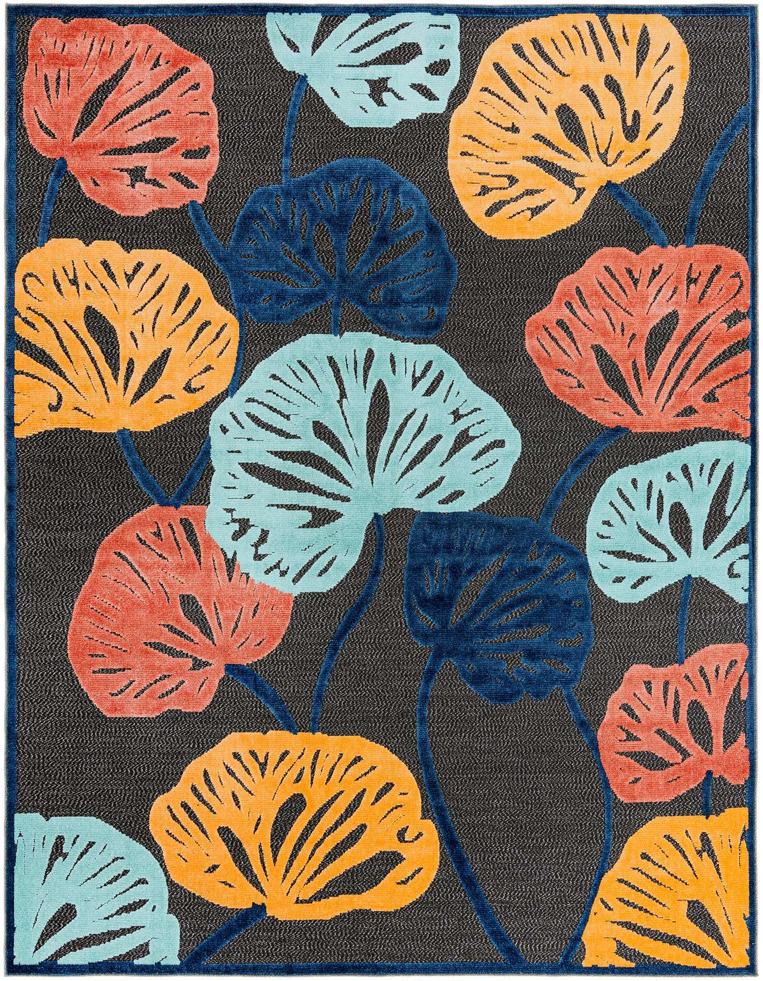 A 9x12 rectangular black rug featuring large, vibrant botanical leaf patterns in coral, orange, light blue, and navy blue, suitable for indoor or outdoor use.