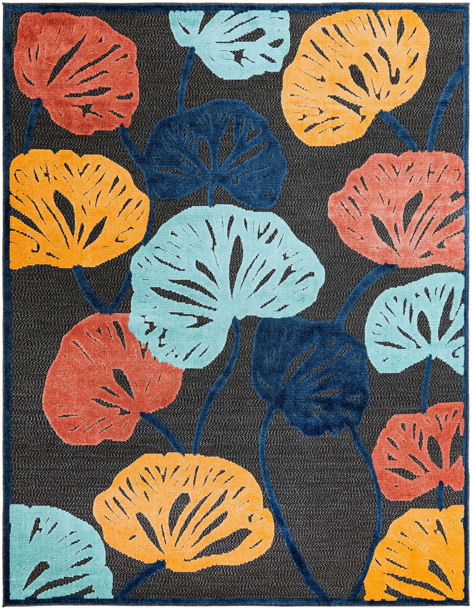A black 8x10 rectangular rug with a modern botanical pattern featuring large, colorful leaves in shades of orange, coral, and light blue, connected by dark blue stems.