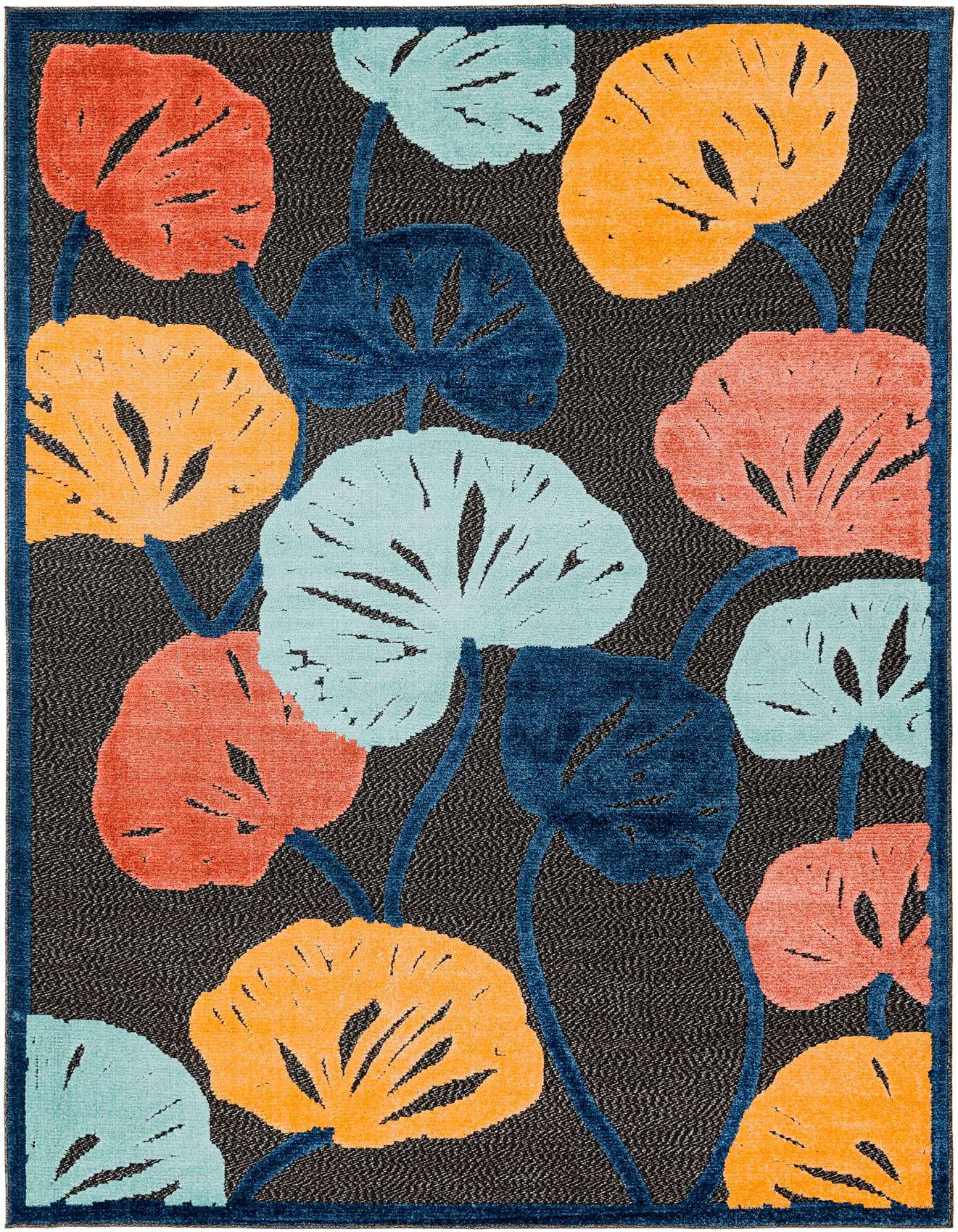 A 6x9 rectangular black rug with a modern botanical pattern of large, colorful leaves in coral, orange, and light blue.
