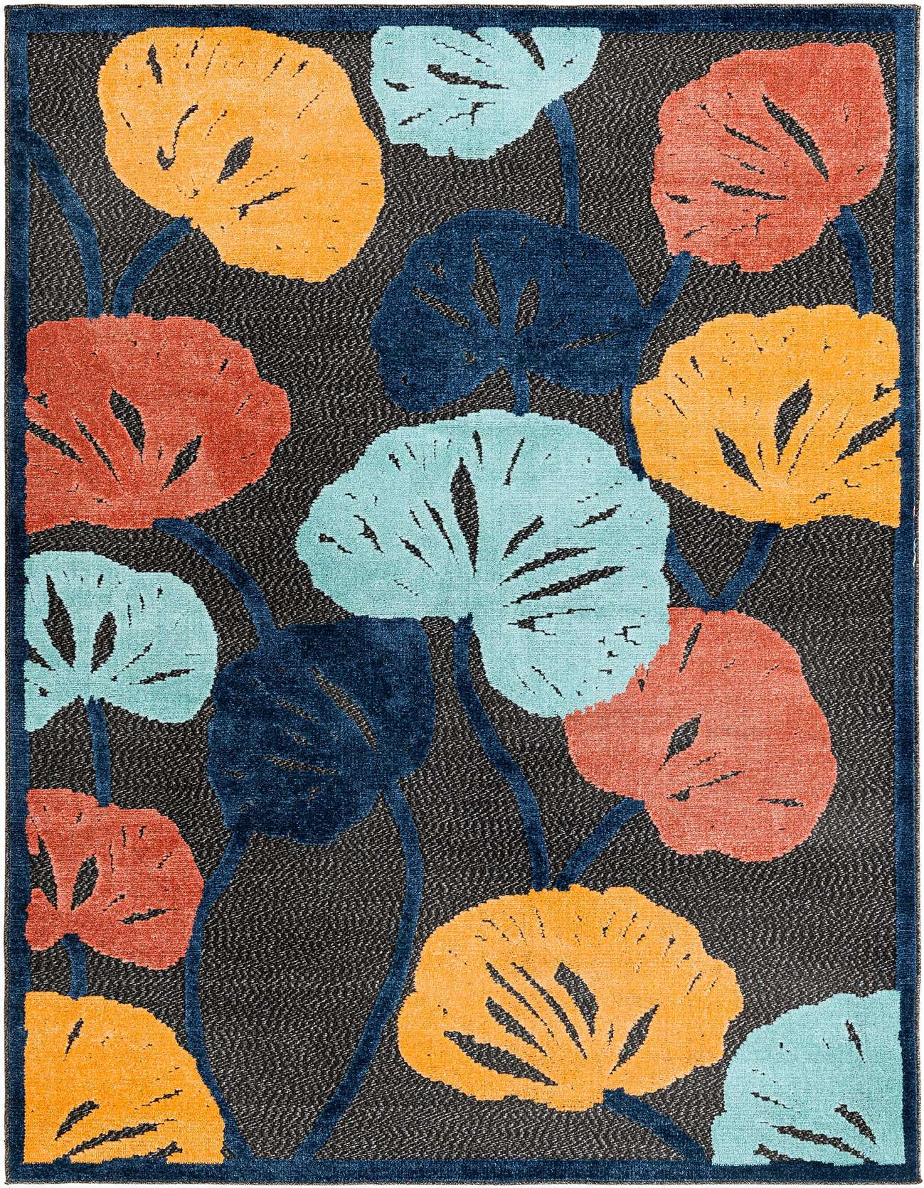 A 5x8 rectangular black rug with large, vibrant botanical leaves in orange, teal, and navy blue, suitable for indoor or outdoor use.