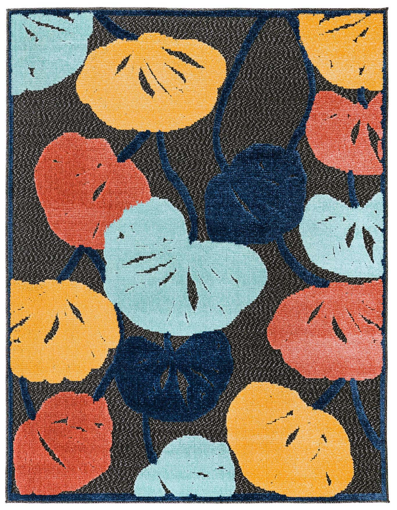 A 4x6 rectangular indoor/outdoor rug featuring a modern botanical pattern with large coral, yellow, and light blue leaves on a dark gray background.