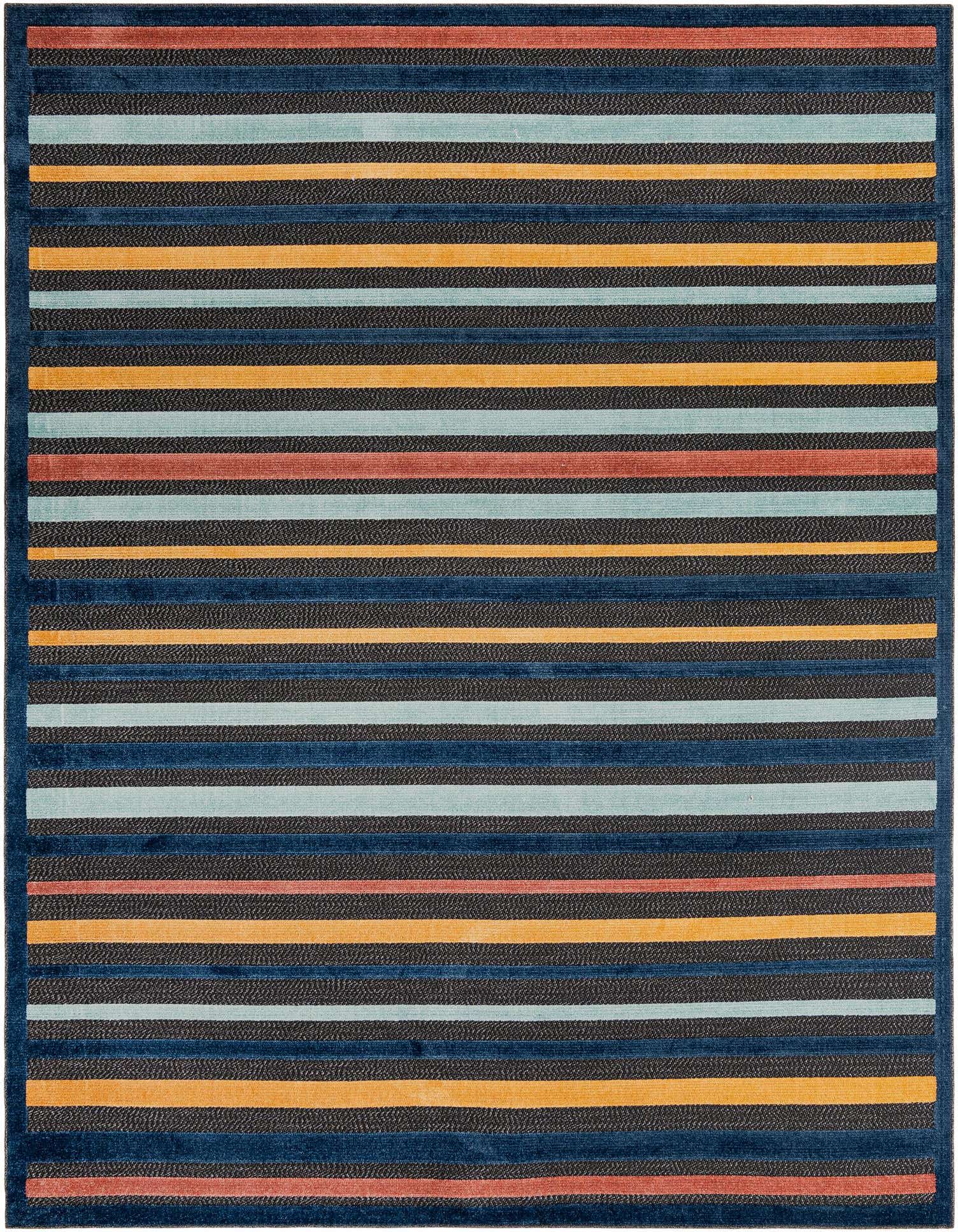 A 9x12 rectangular indoor/outdoor rug featuring modern black, gray, blue, orange, and red stripes with a textured pile.