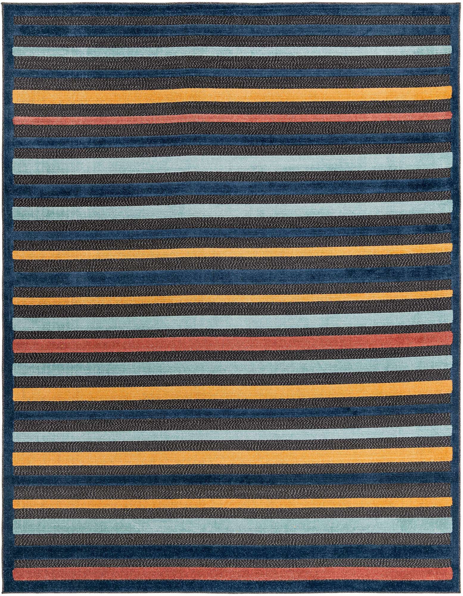 A rectangular 8x10 modern striped rug featuring alternating bands of black, dark blue, light blue, orange, and reddish-brown.