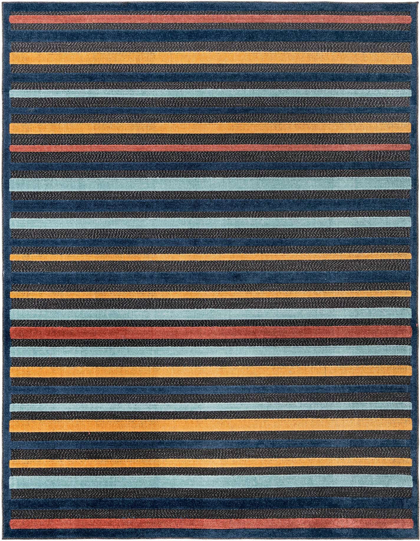A 7x10 rectangular Belize Outdoor rug featuring modern black, gray, blue, orange, and red stripes, ideal for a living room or patio.