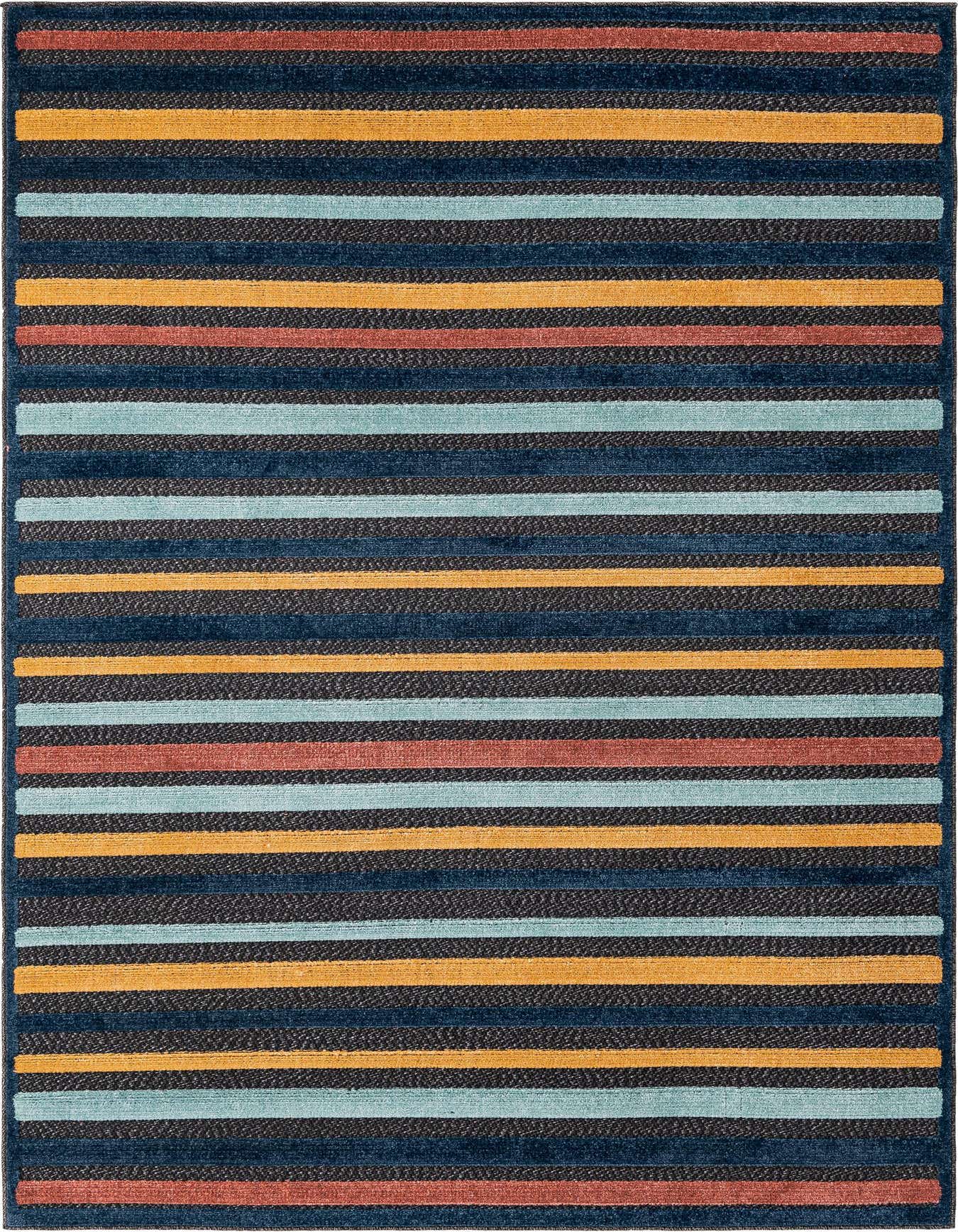 A 5x8 rectangular rug with alternating stripes of black, light blue, orange, and terracotta, showcasing a modern bohemian style.