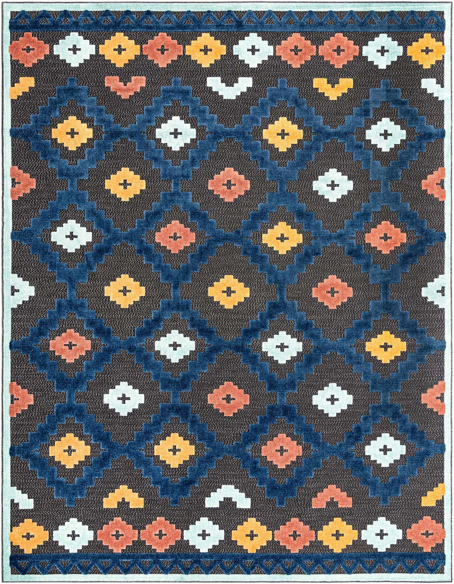 A 9x12 rectangular black and gray rug with a vibrant bohemian tribal pattern in blue, orange, yellow, and light blue, suitable for indoor or outdoor use.